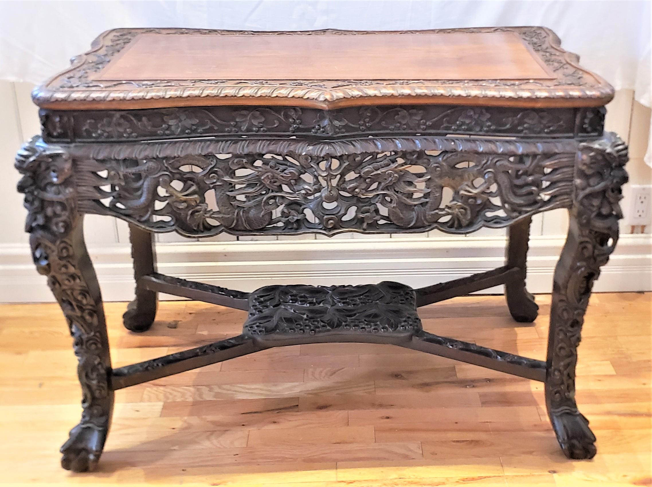 Qing Antique Chinese Ornately Carved Writing or Accent Table with Dragons & Fruits For Sale