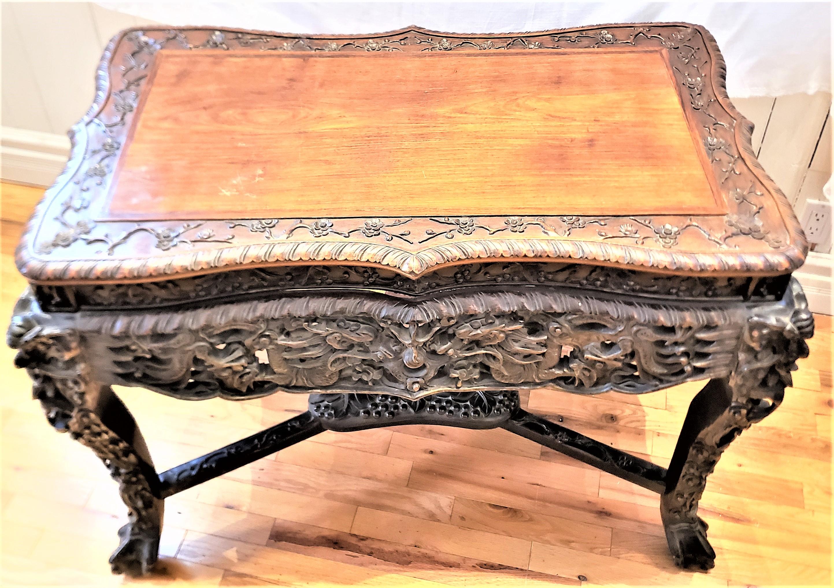 Hand-Carved Antique Chinese Ornately Carved Writing or Accent Table with Dragons & Fruits For Sale
