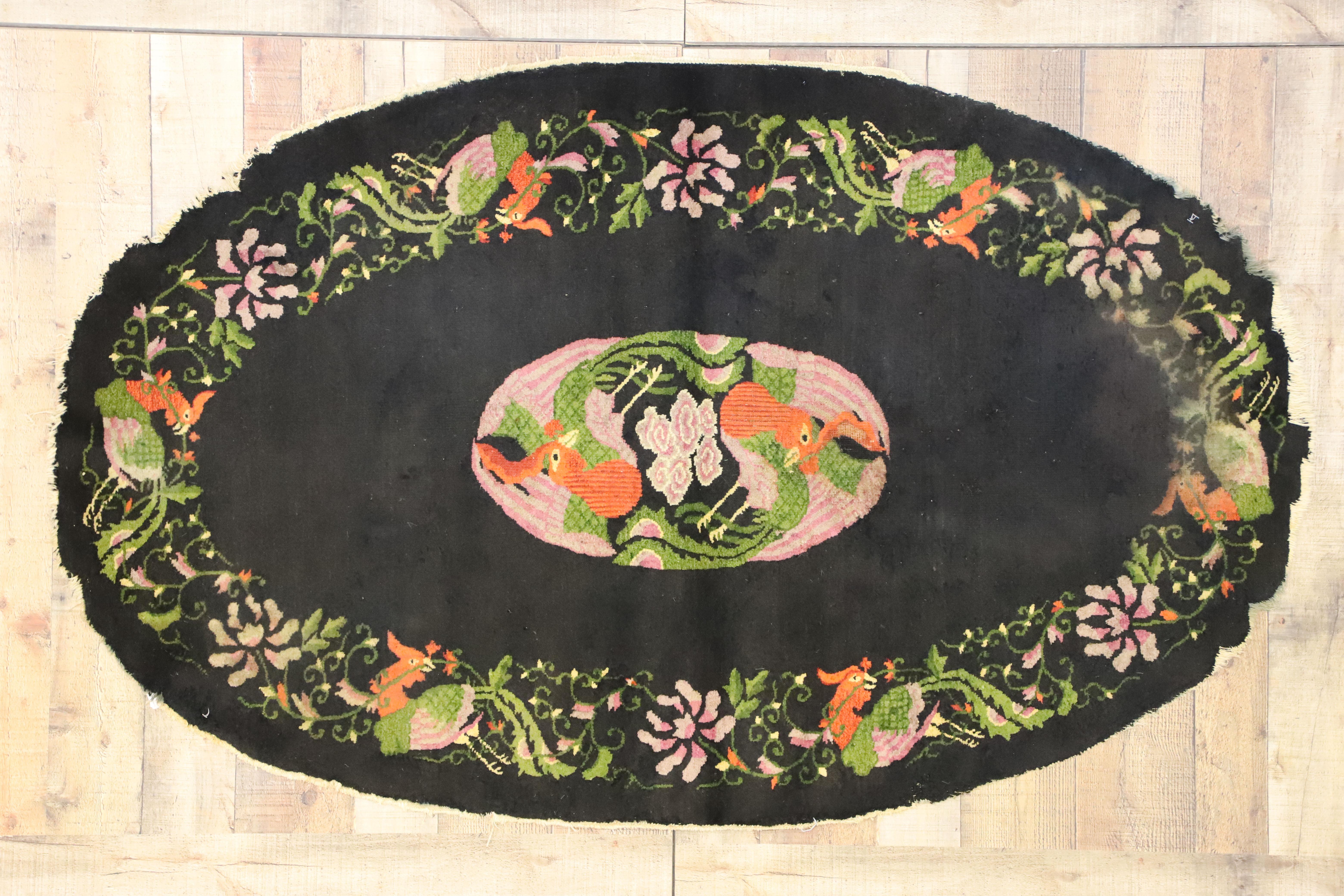 Wool Antique Chinese Oval Accent Rug with Pictorial Phoenix Design For Sale