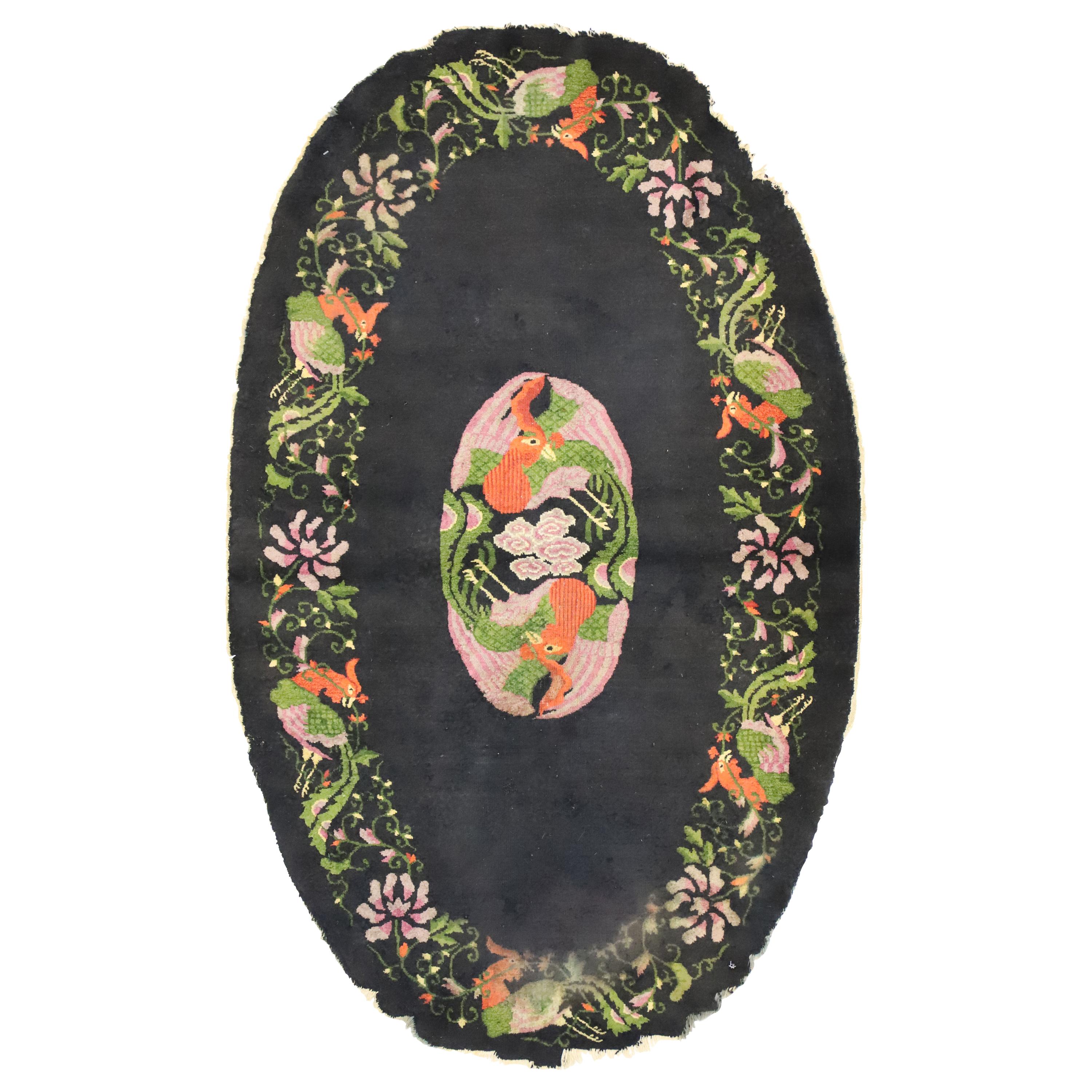 Antique Chinese Oval Accent Rug with Pictorial Phoenix Design For Sale