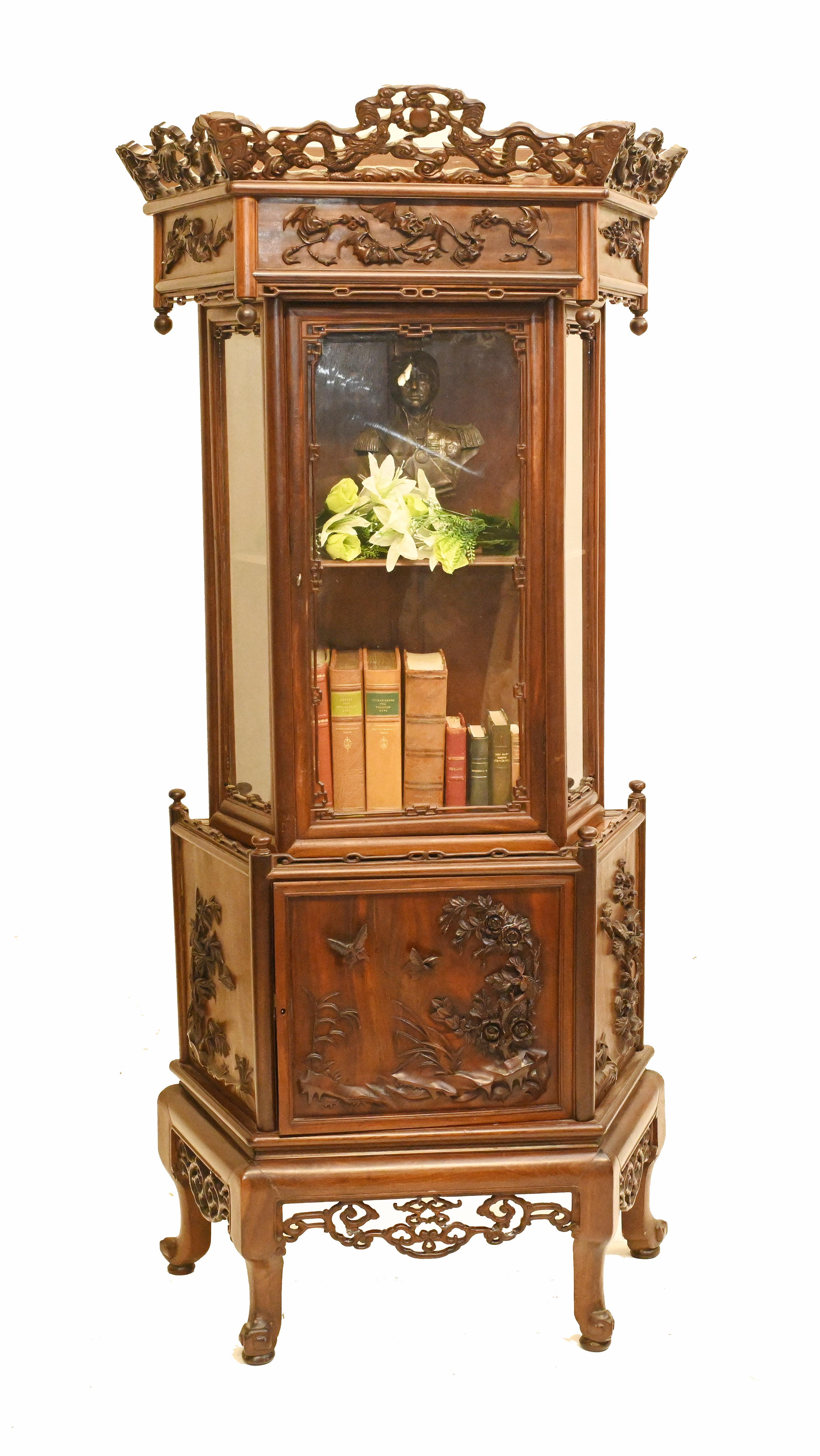 Antique Chinese Padauk Hand Carved Display Cabinet Relief Carving Bookcase 1890 8