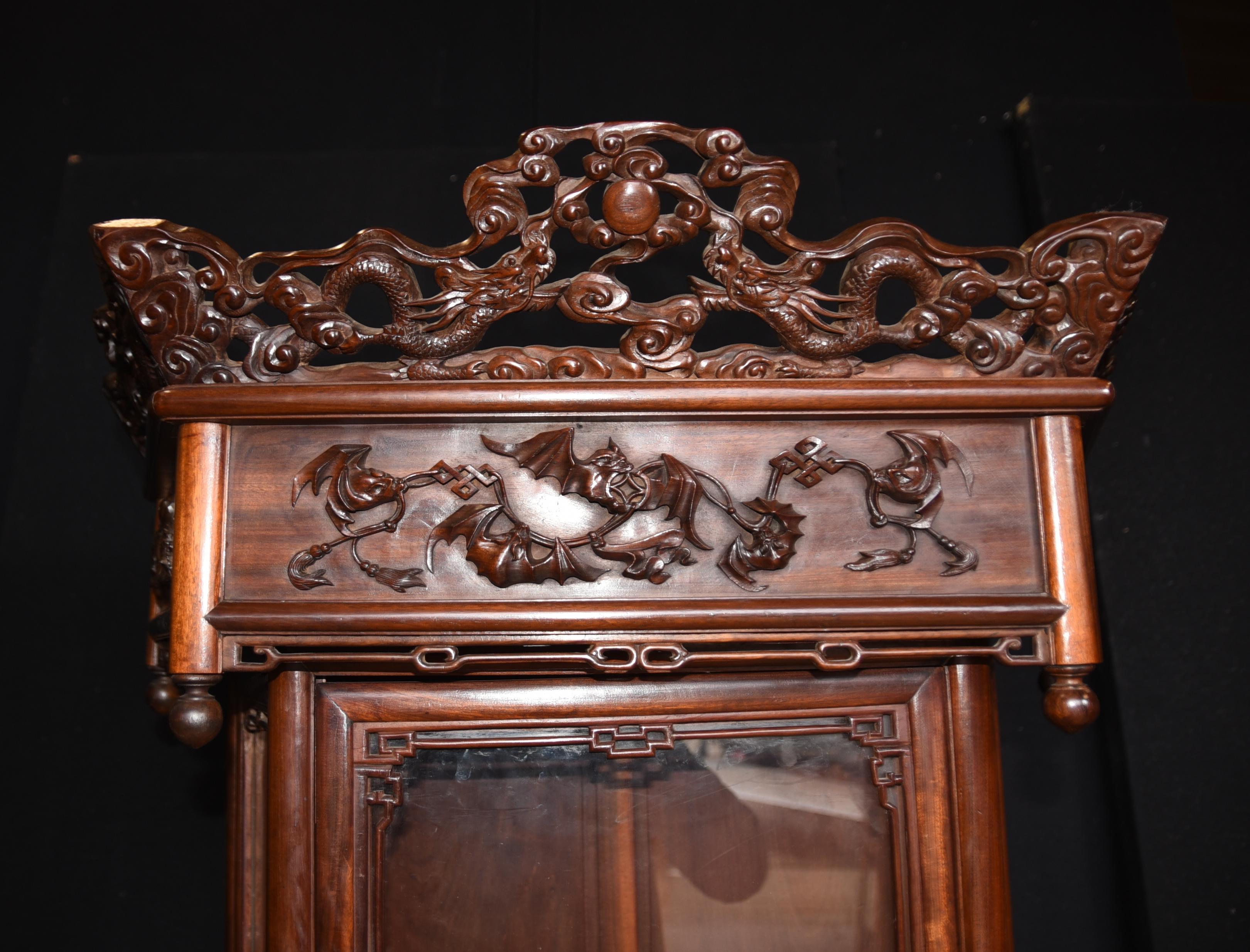 Late 19th Century Antique Chinese Padauk Hand Carved Display Cabinet Relief Carving Bookcase 1890