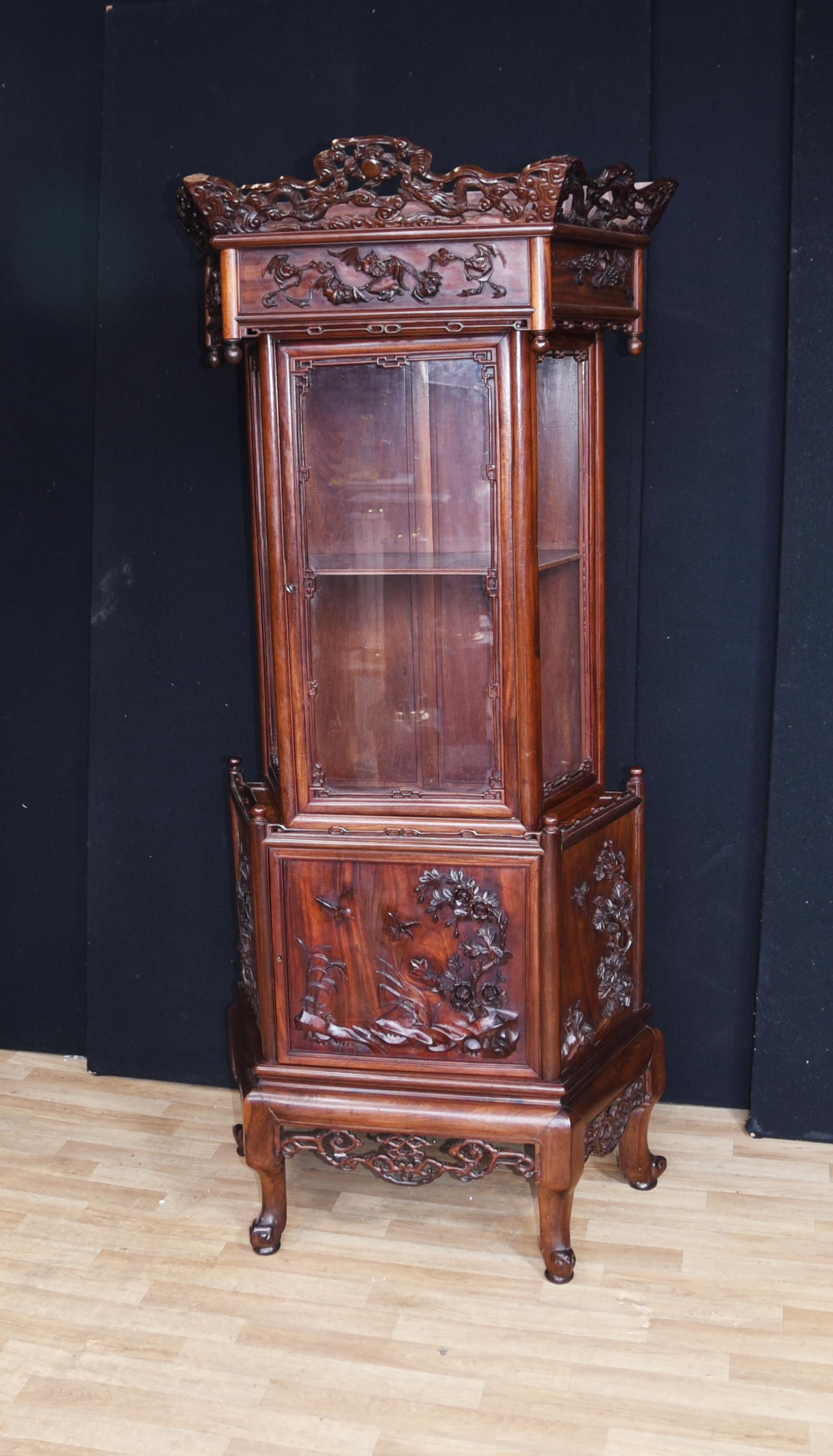 Padouk Antique Chinese Padauk Hand Carved Display Cabinet Relief Carving Bookcase 1890