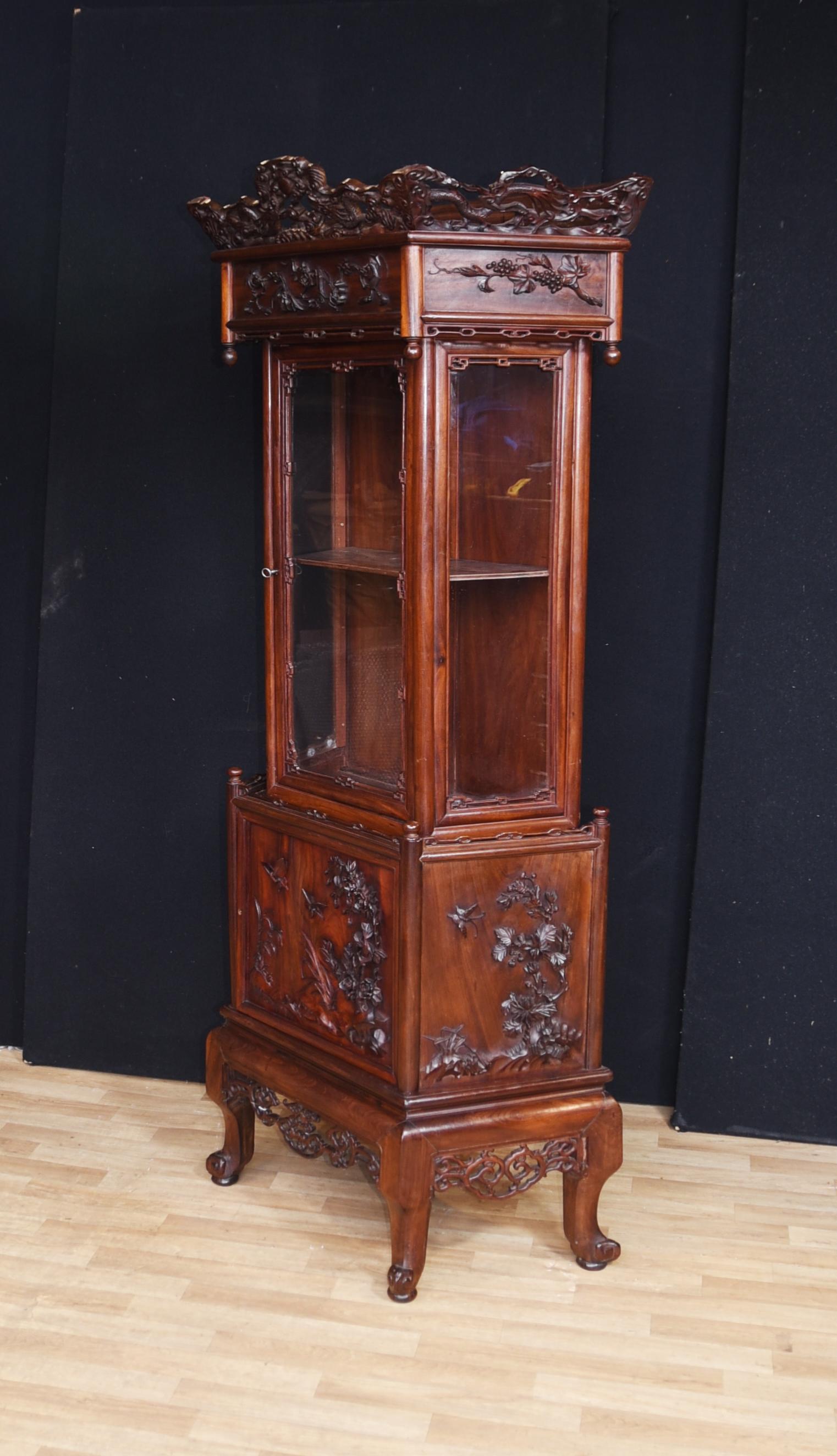 Antique Chinese Padauk Hand Carved Display Cabinet Relief Carving Bookcase 1890 1