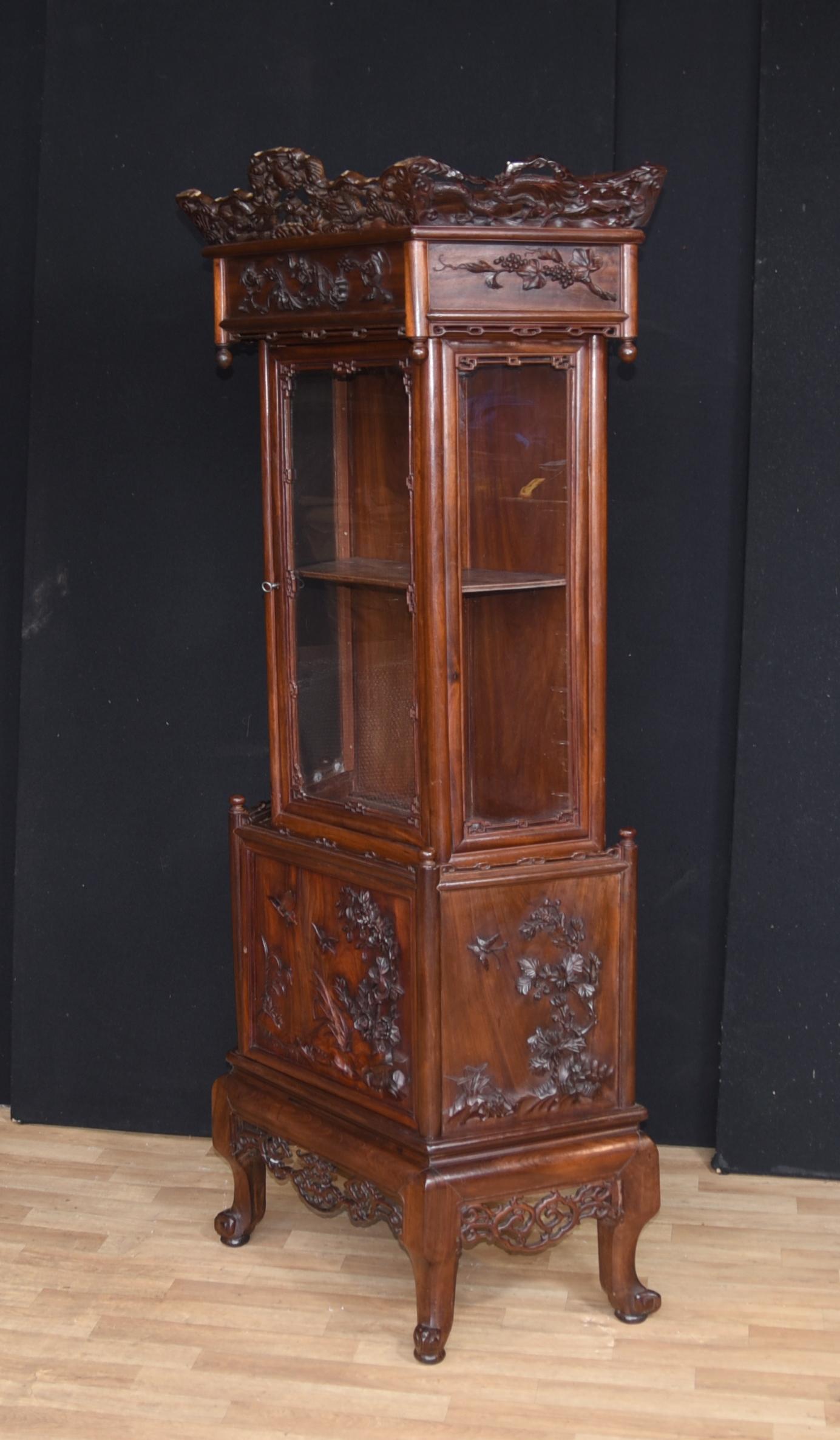 Antique Chinese Padauk Hand Carved Display Cabinet Relief Carving Bookcase 1890 2