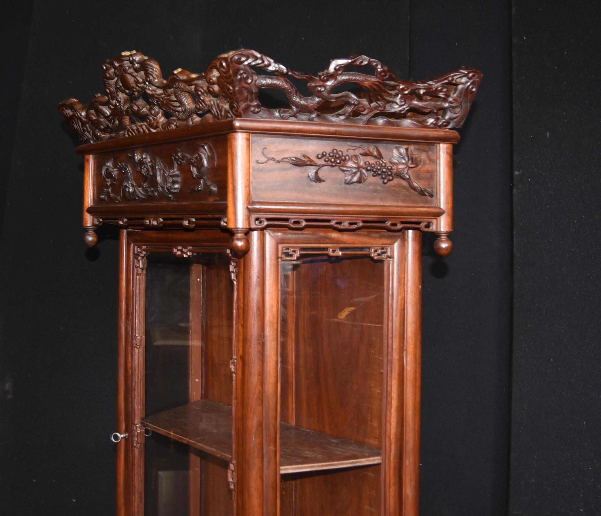 Antique Chinese Padauk Hand Carved Display Cabinet Relief Carving Bookcase 1890 3