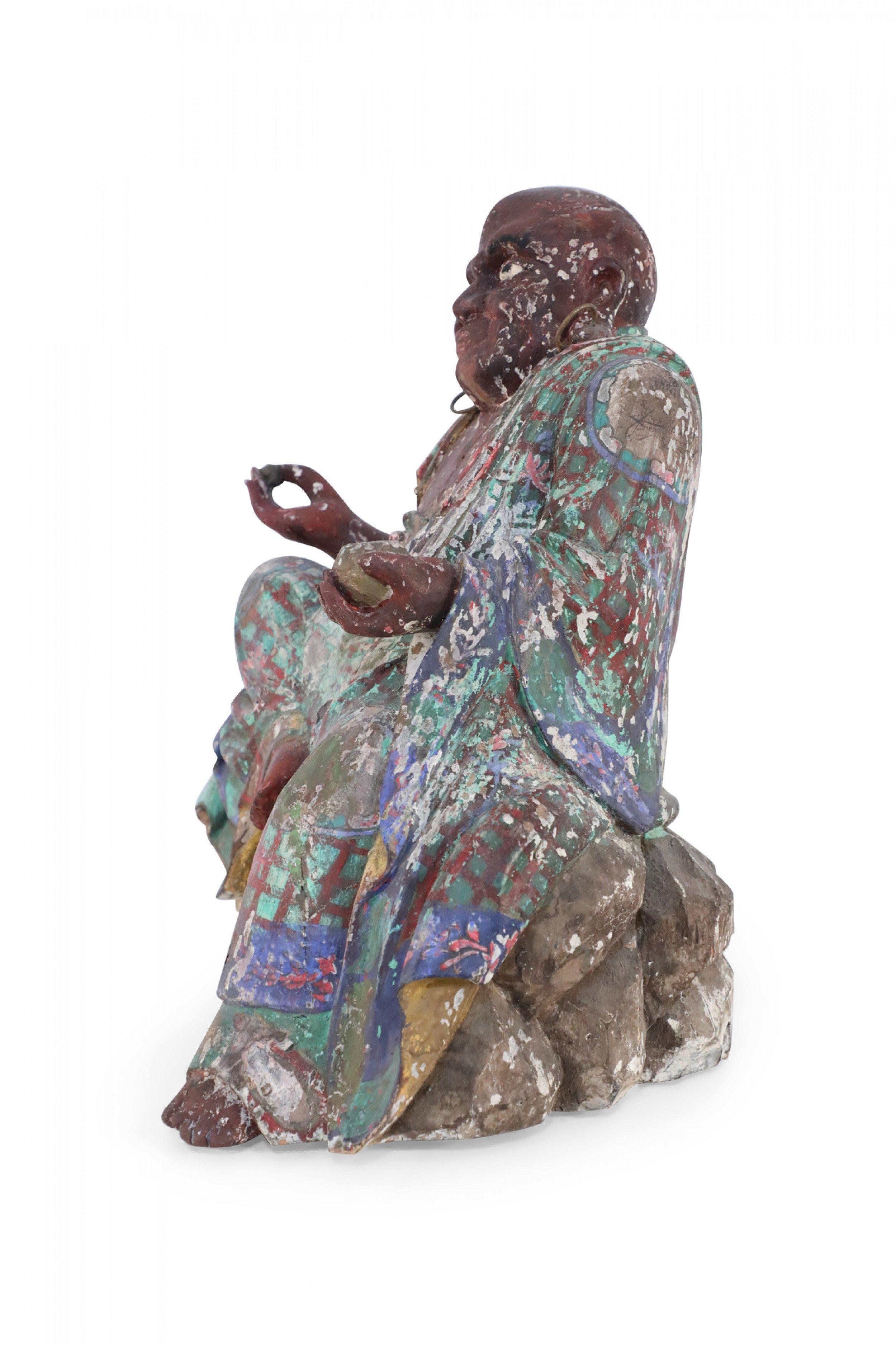 Antique Chinese Painted Clay Buddha Statue with Green and Brown Robes For Sale 2