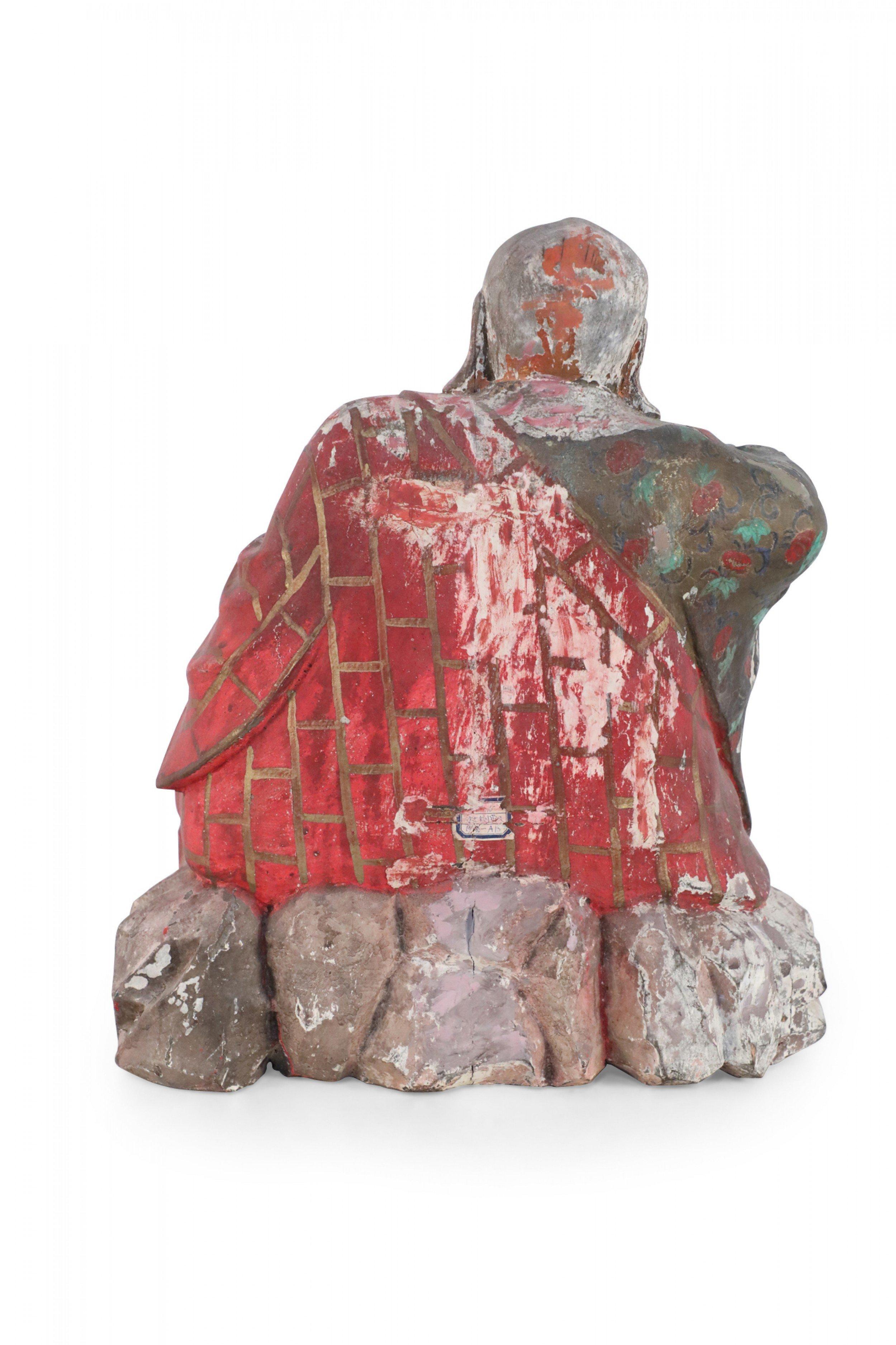20th Century Antique Chinese Painted Clay Buddha Statue with Red Robes For Sale