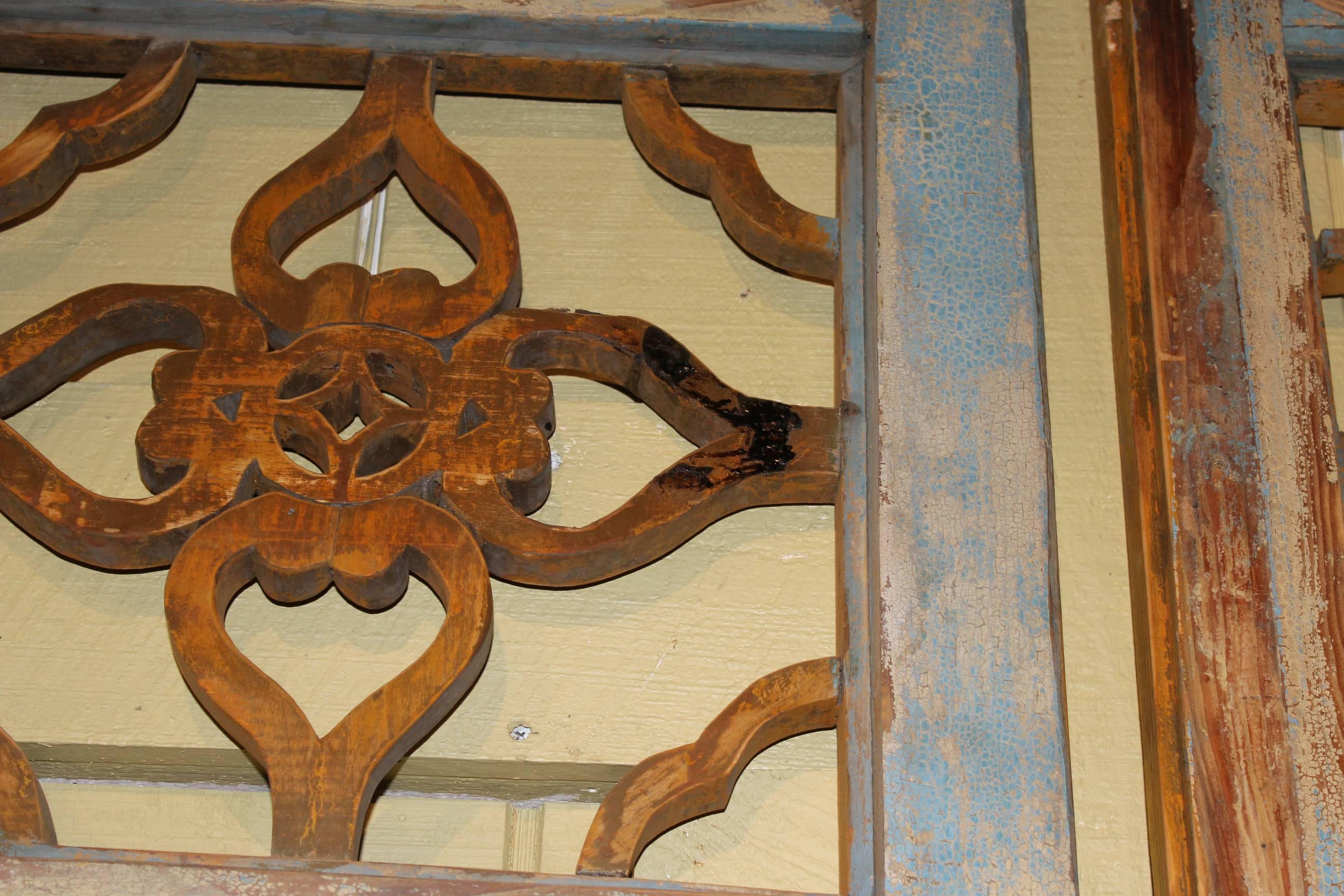 Antique Chinese Painted Four Panel Screen or Doors, Four Lucky Keys, circa 1916 11