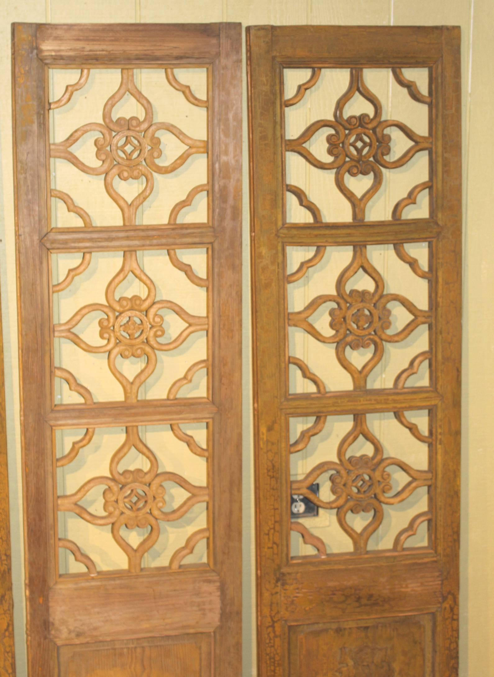 Hand-Carved Antique Chinese Painted Four Panel Screen or Doors, Four Lucky Keys, circa 1916