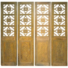 Antique Chinese Painted Four Panel Screen or Doors, Four Lucky Keys, circa 1916