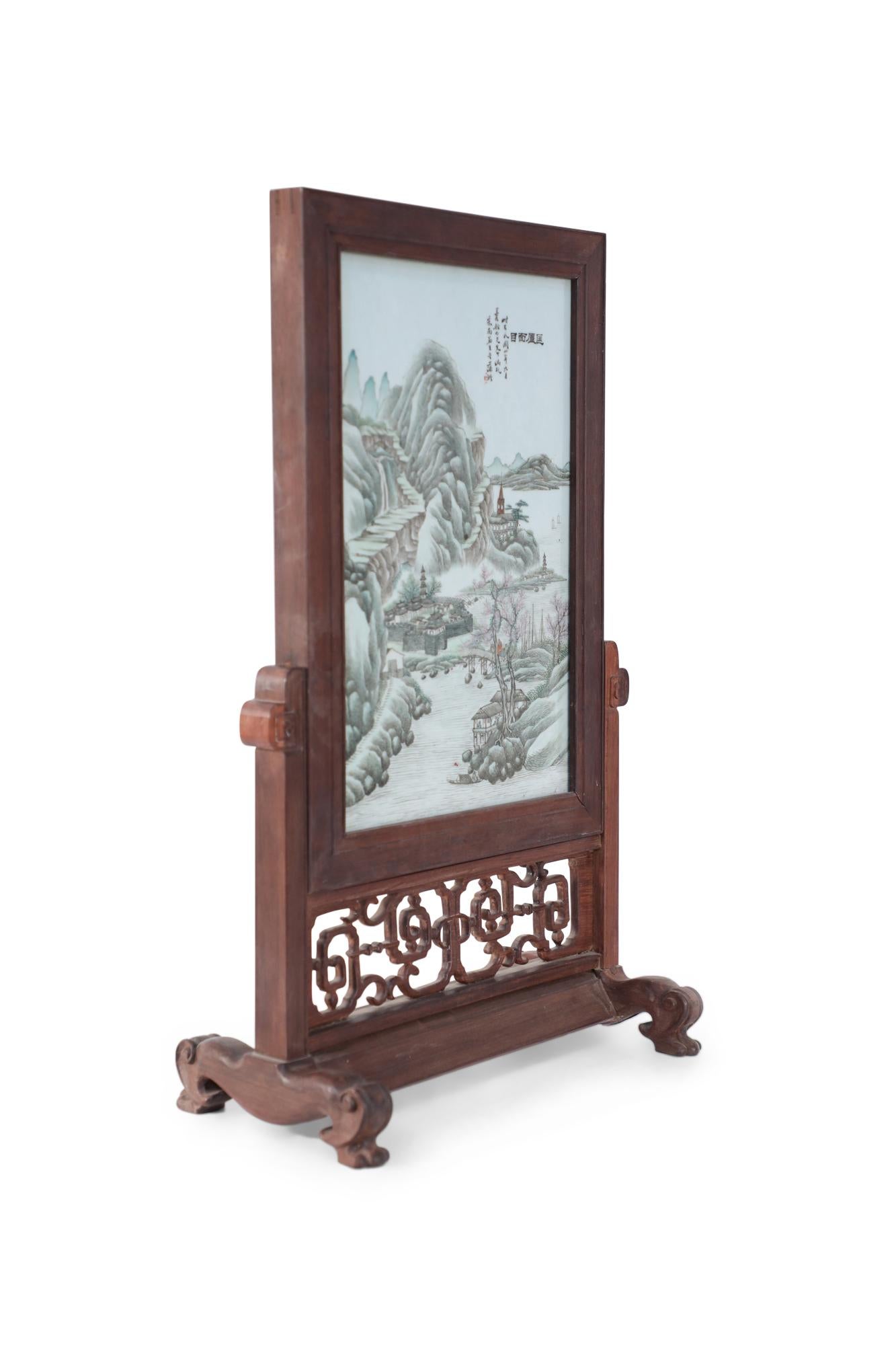Chinese Export Antique Chinese Painted Porcelain Plate and Wood Vanity Mirror For Sale