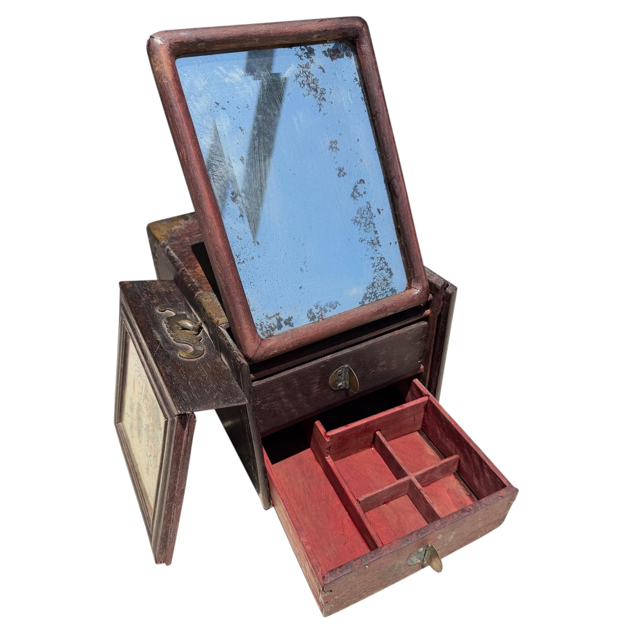 Antique Chinese Painted Wood Jewelry Box with Mirror and Brass Fittings