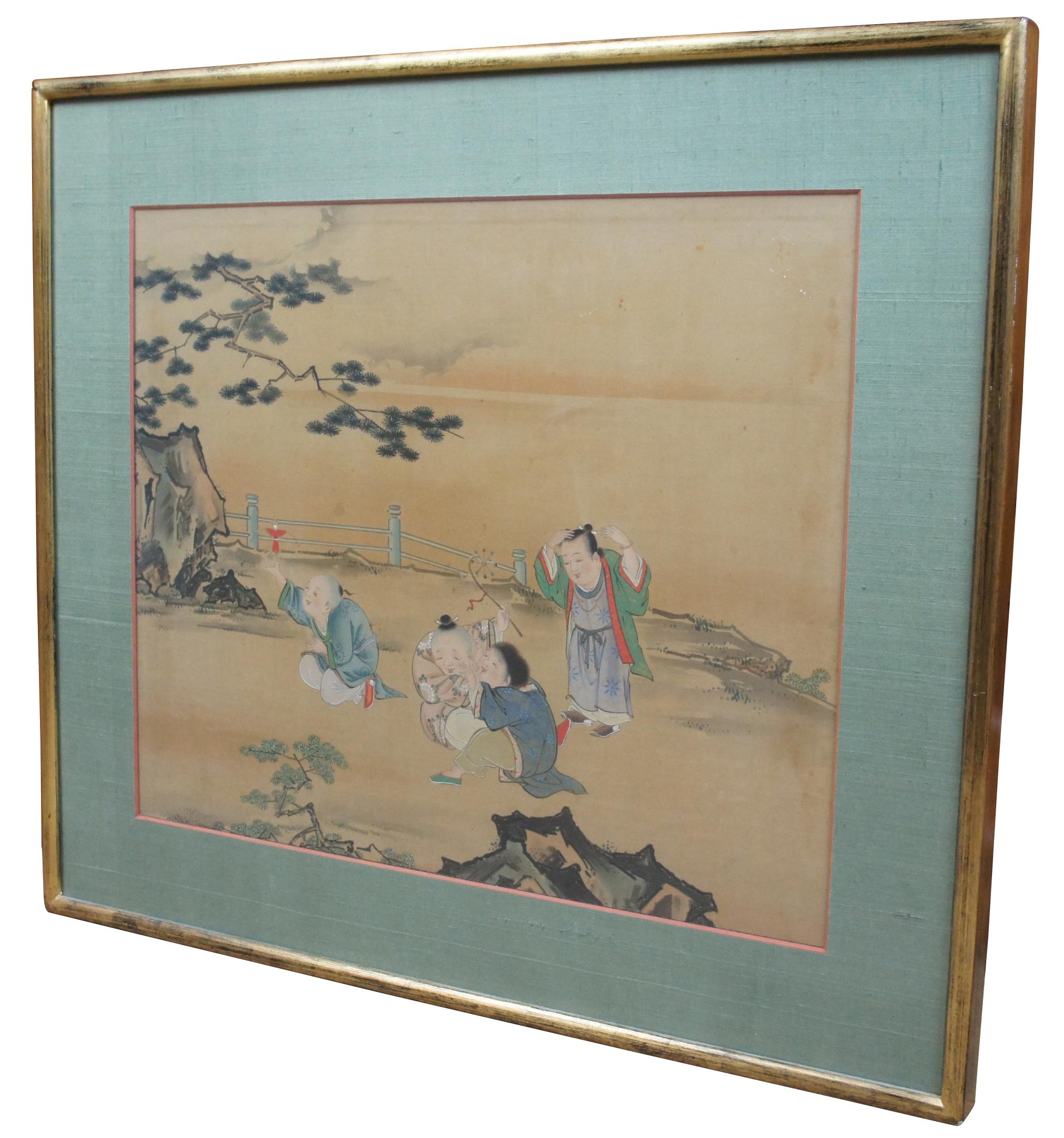 Antique Chinese painting on silk featuring four boys playing with various toys in a landscape with a tree, rocks and fence.

Measures: Sans frame 22” x 18.5.