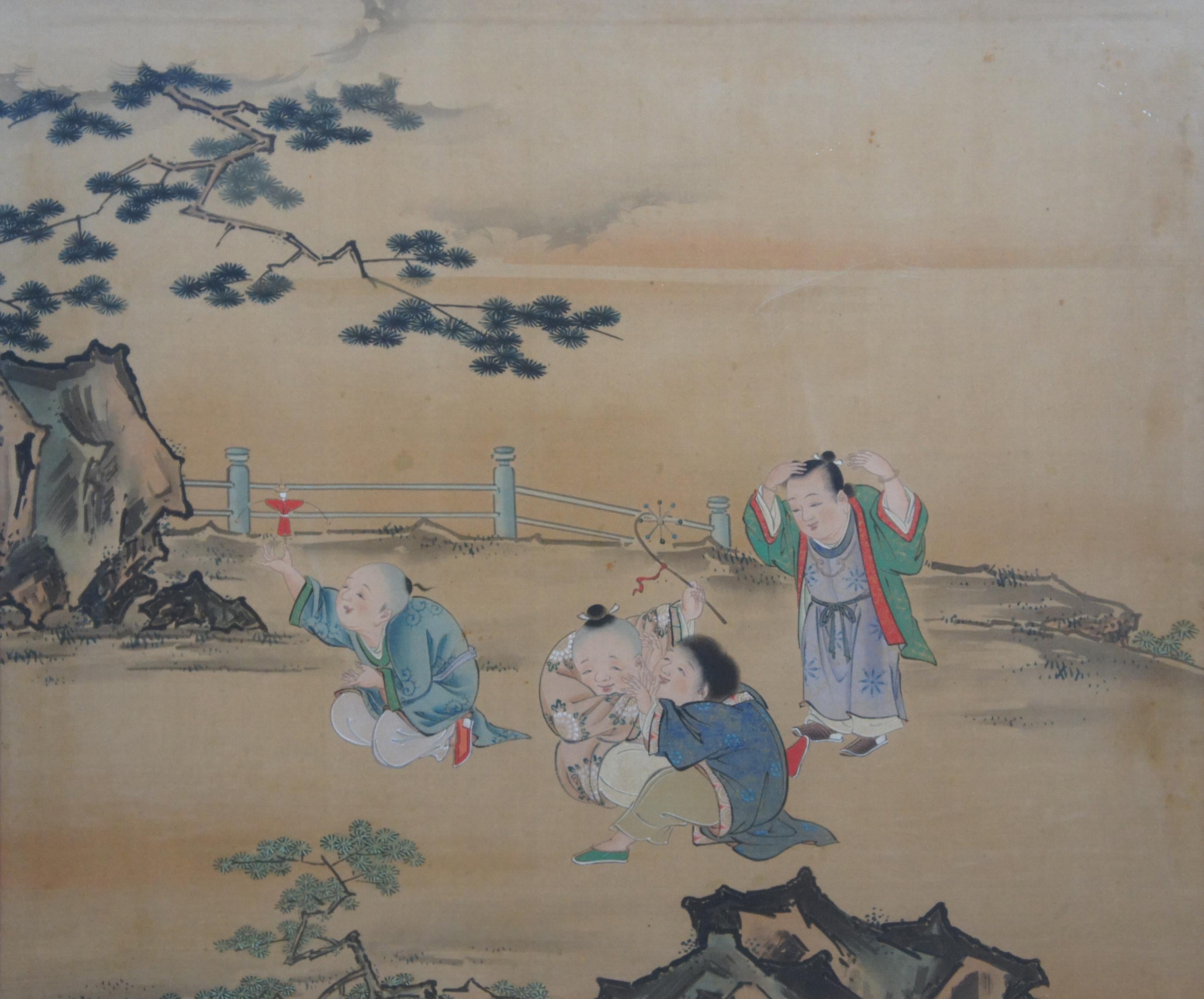 Chinoiserie Antique Chinese Painting on Silk Landscape Boys Children Playing Figures