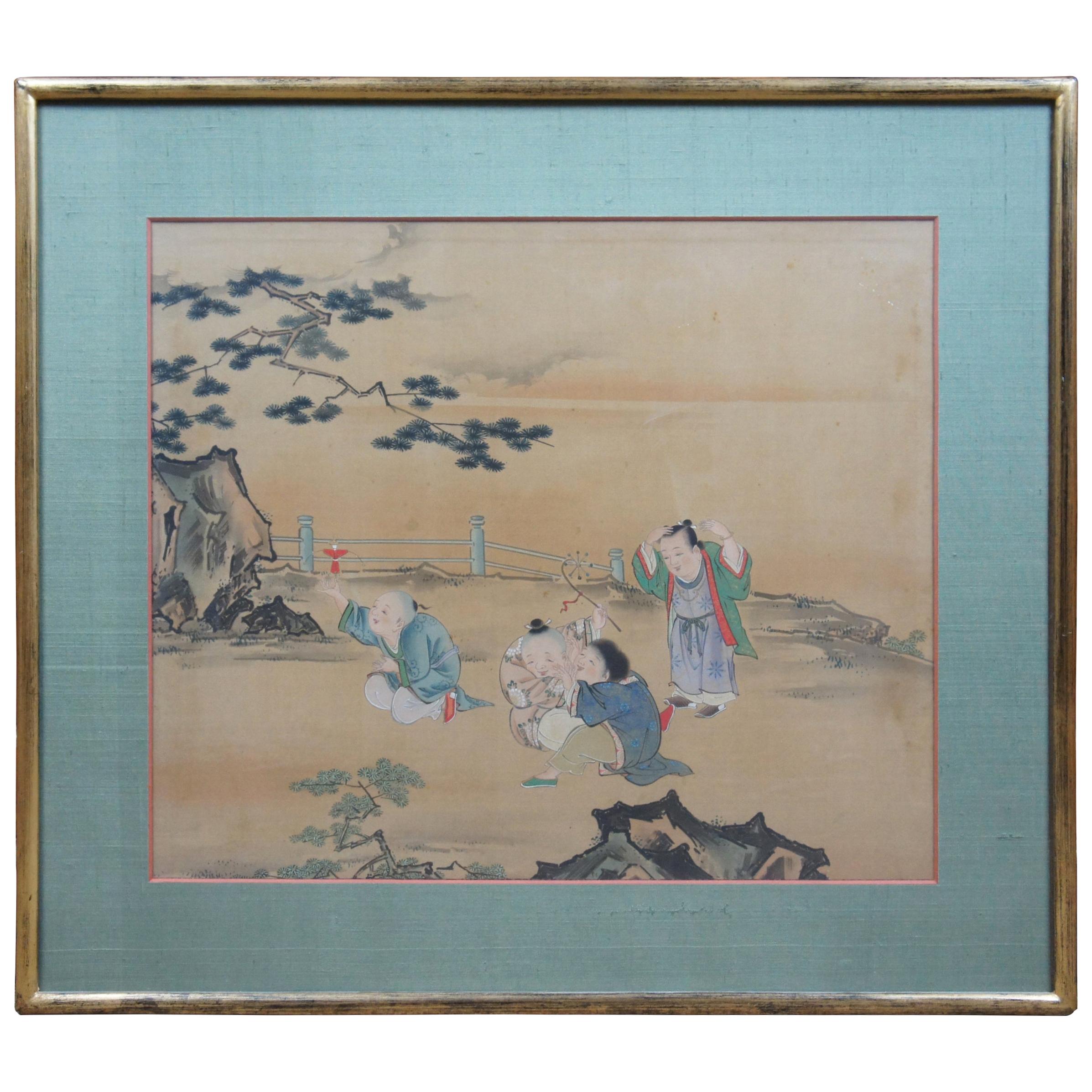 Antique Chinese Painting on Silk Landscape Boys Children Playing Figures