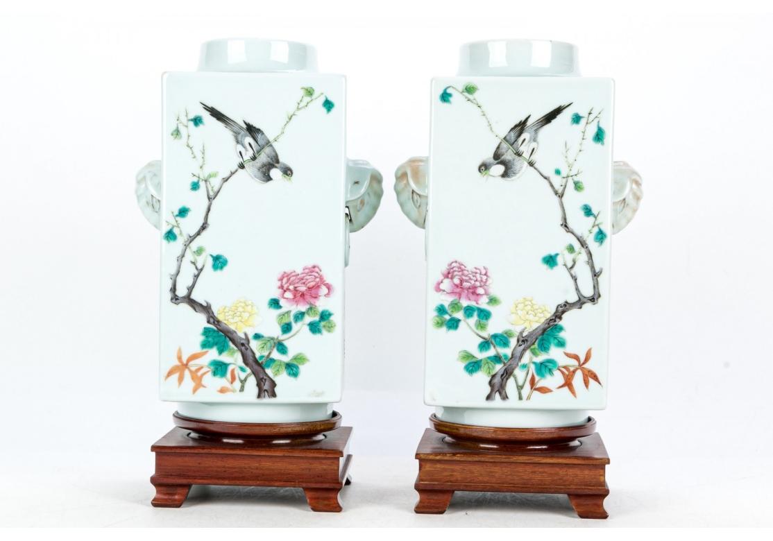 Antique Chinese Pair Of Famille Rose, “Cong” Form, Porcelain Vases, Qing Dynasty For Sale 3
