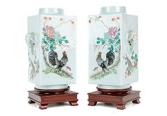 Antique Chinese Pair Of Famille Rose, “Cong” Form, Porcelain Vases, Qing Dynasty