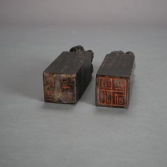 Antique Chinese Pair of Hardstone Figural Foo Dog Ink Stamps C1930