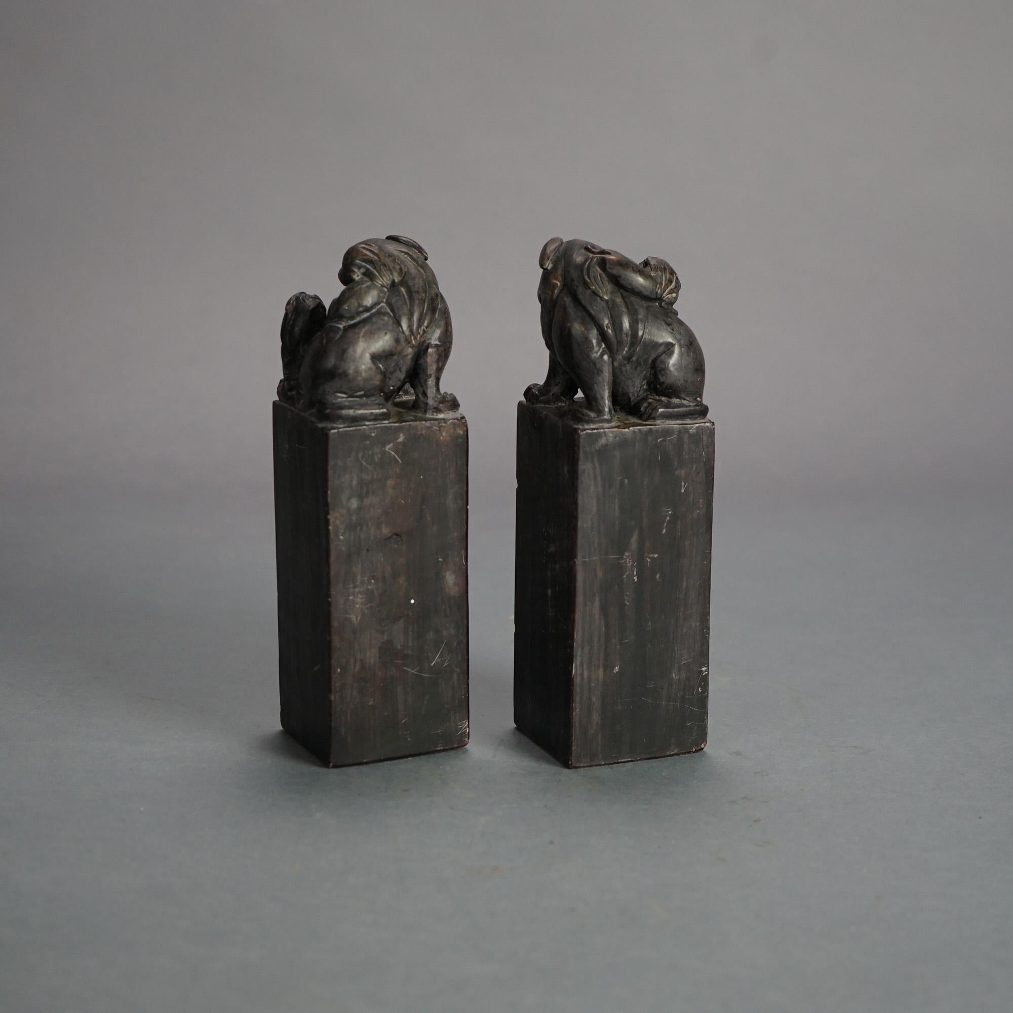 Antique Chinese Pair of Hardstone Figural Foo Dog Ink Stamps C1930 In Good Condition In Big Flats, NY