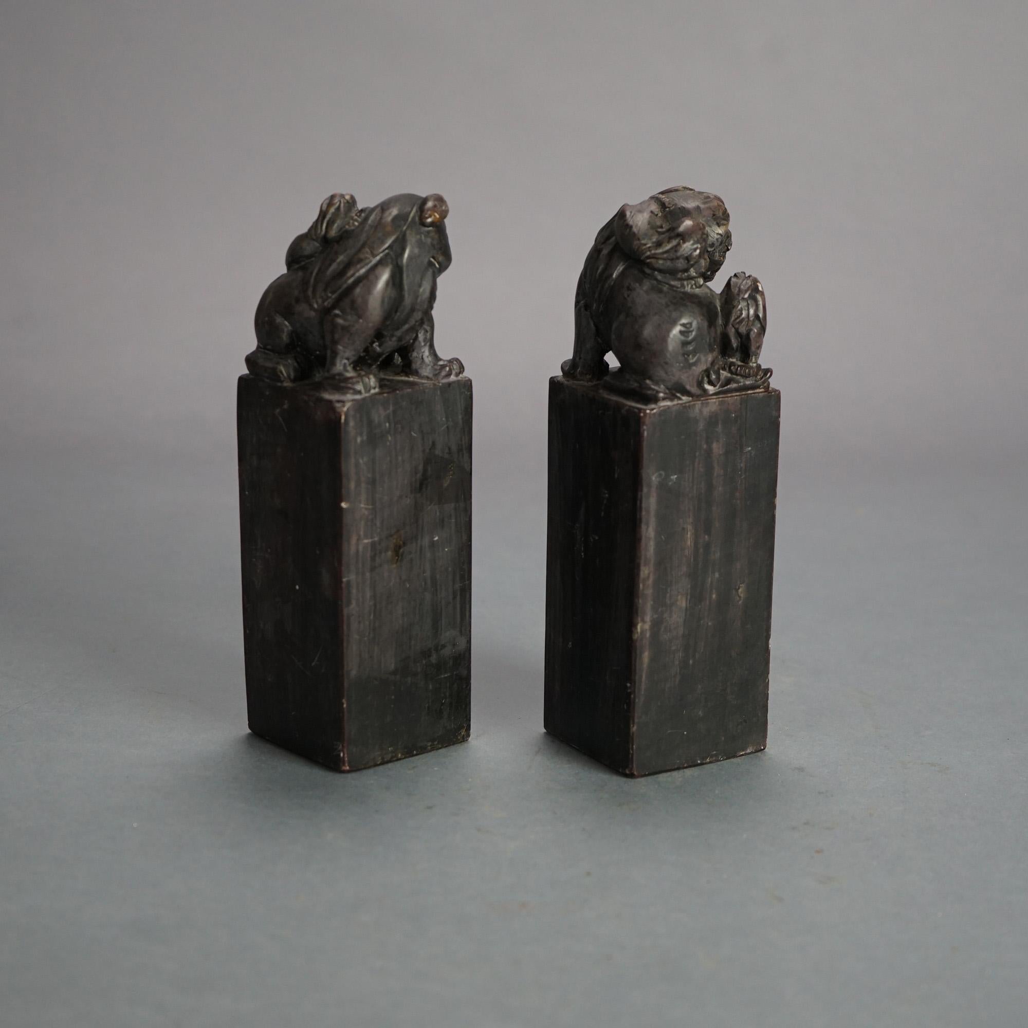 20th Century Antique Chinese Pair of Hardstone Figural Foo Dog Ink Stamps C1930 For Sale