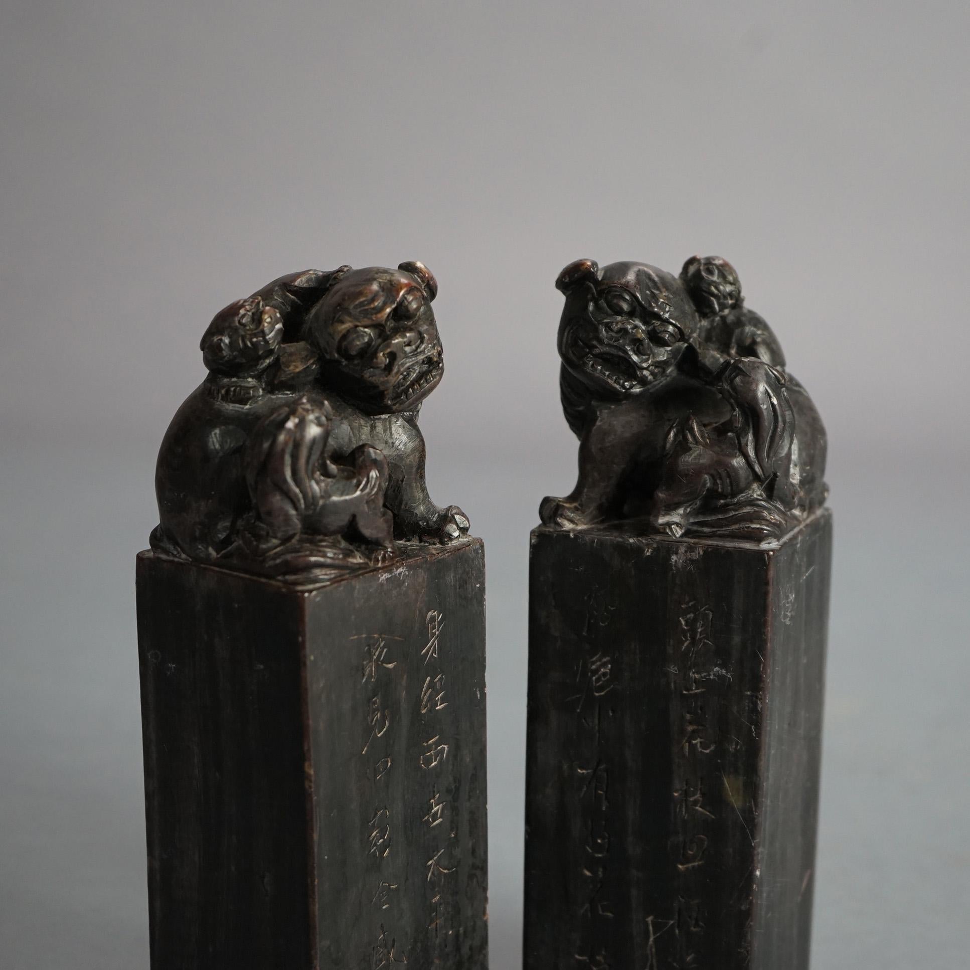 Stone Antique Chinese Pair of Hardstone Figural Foo Dog Ink Stamps C1930