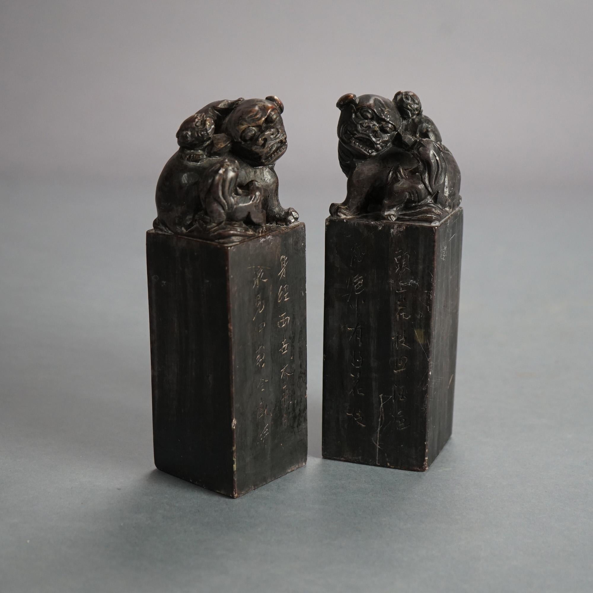 Antique Chinese Pair of Hardstone Figural Foo Dog Ink Stamps C1930 For Sale 1