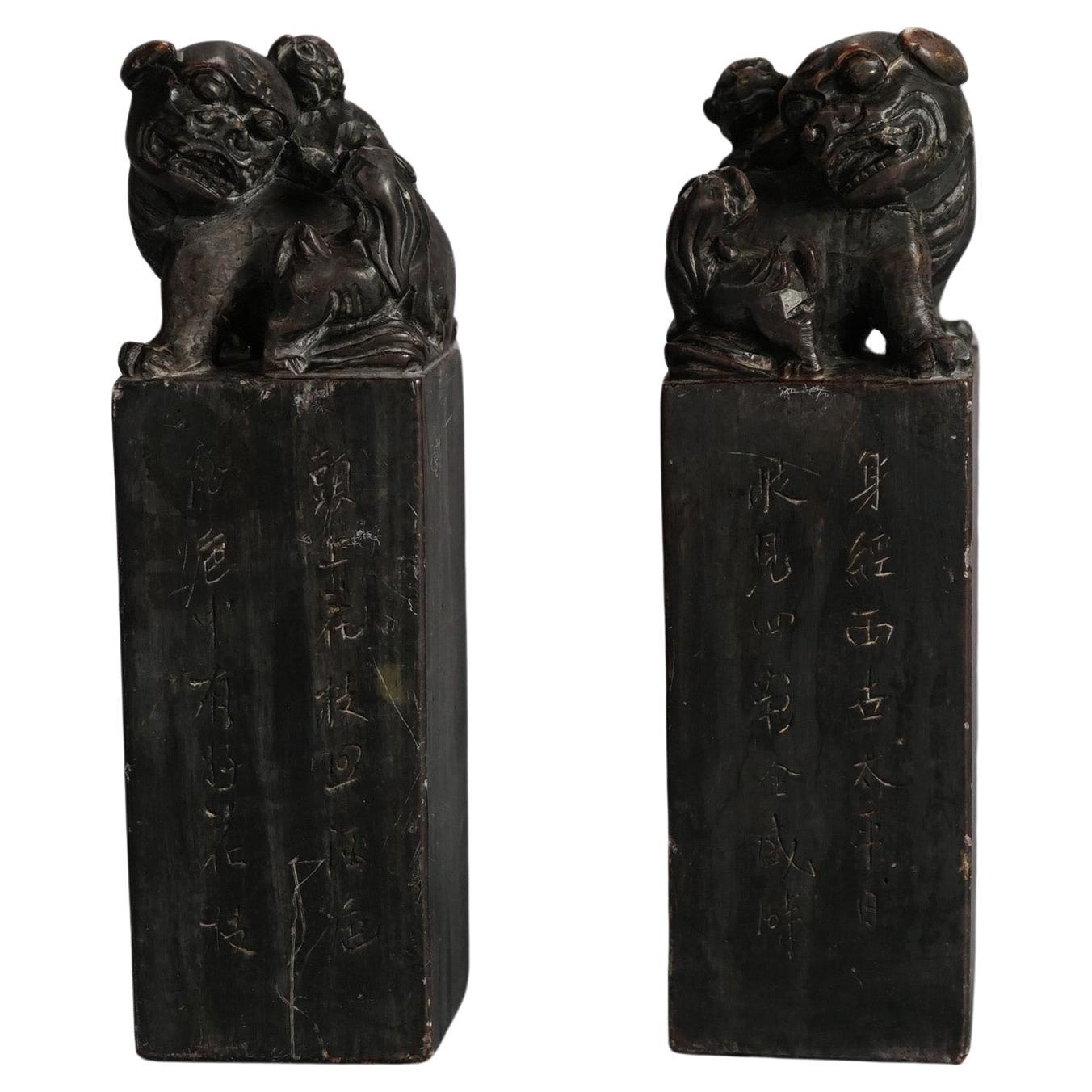 Antique Chinese Pair of Hardstone Figural Foo Dog Ink Stamps C1930 For Sale