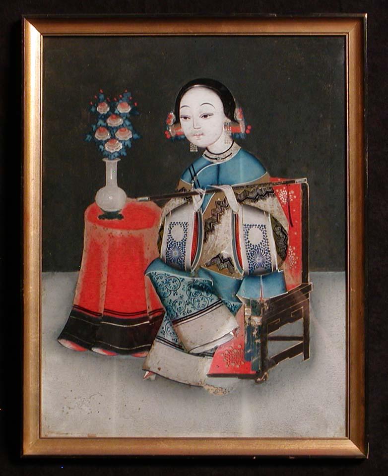 Hand-Painted Antique Chinese Pair of Reverse Glass Paintings, 19th Century For Sale