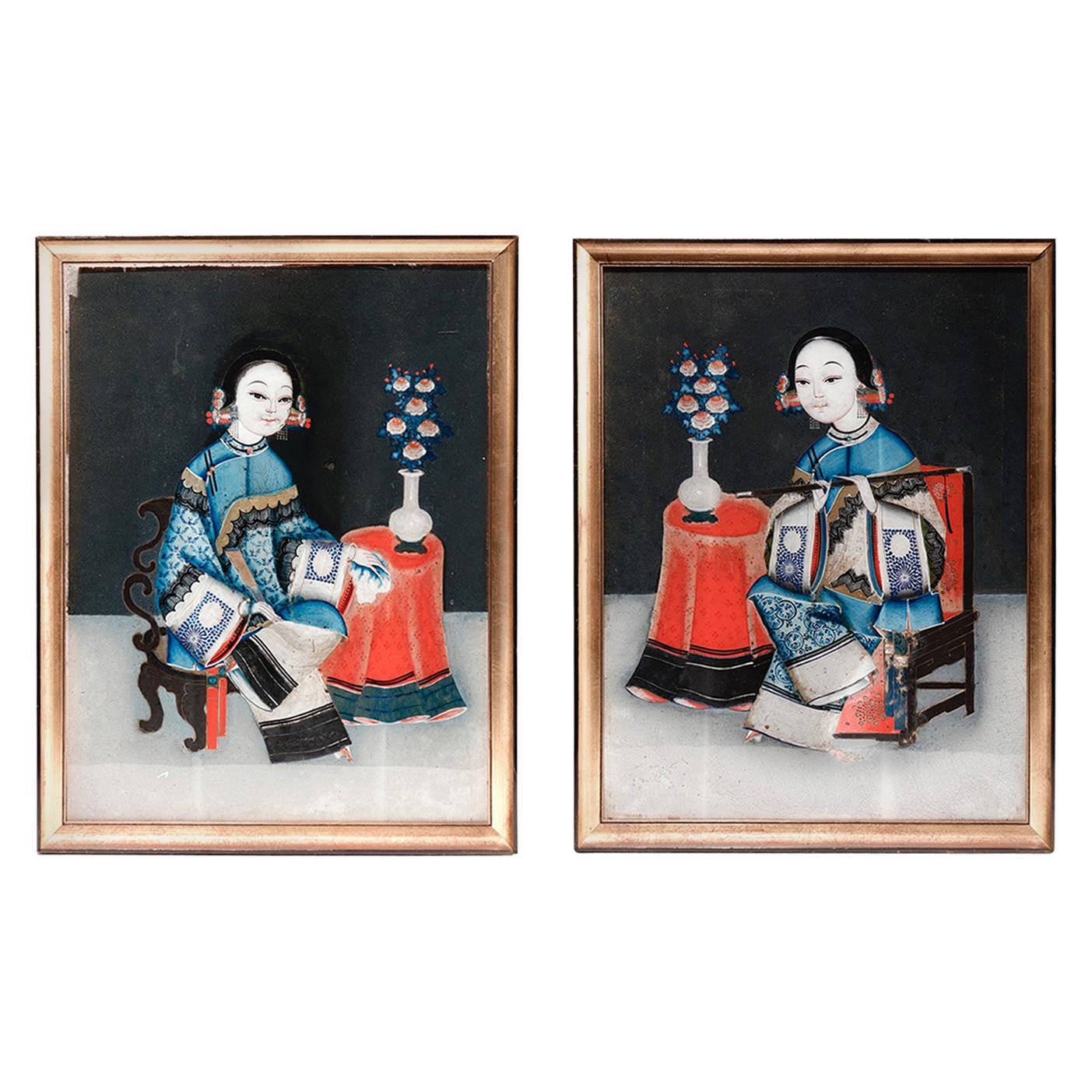 Antique Chinese Pair of Reverse Glass Paintings, 19th Century For Sale