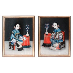 Antique Chinese Pair of Reverse Glass Paintings, 19th Century