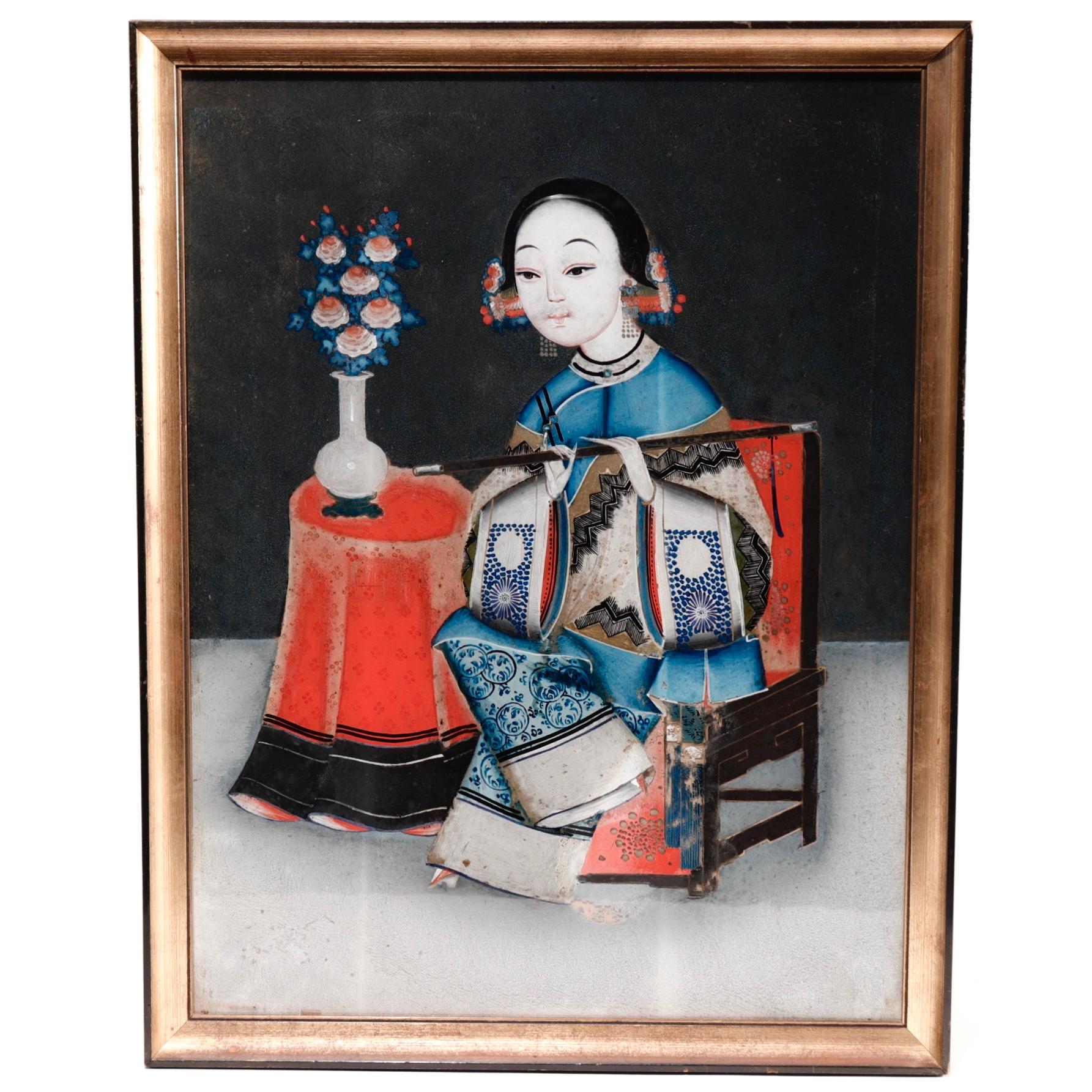 Antikes chinesisches Paar umgekehrter Glasgemälde, Paar (Qing-Dynastie) im Angebot