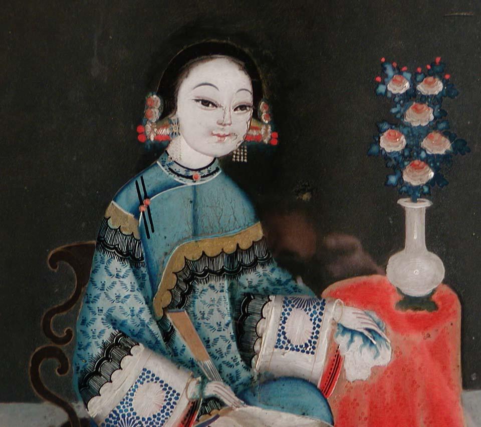 Chinois Paire de peintures chinoises anciennes en verre inversé en vente