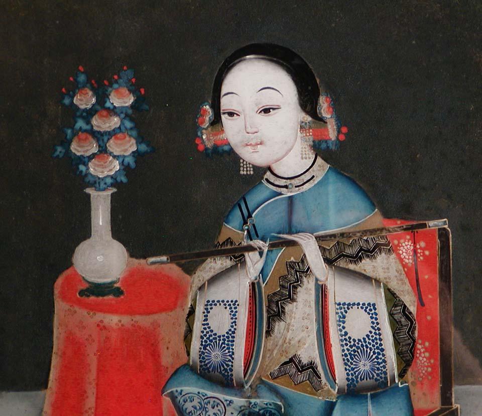 Peint à la main Paire de peintures chinoises anciennes en verre inversé en vente