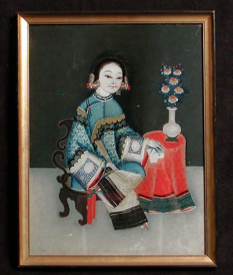 Paire de peintures chinoises anciennes en verre inversé Bon état - En vente à Point Richmond, CA