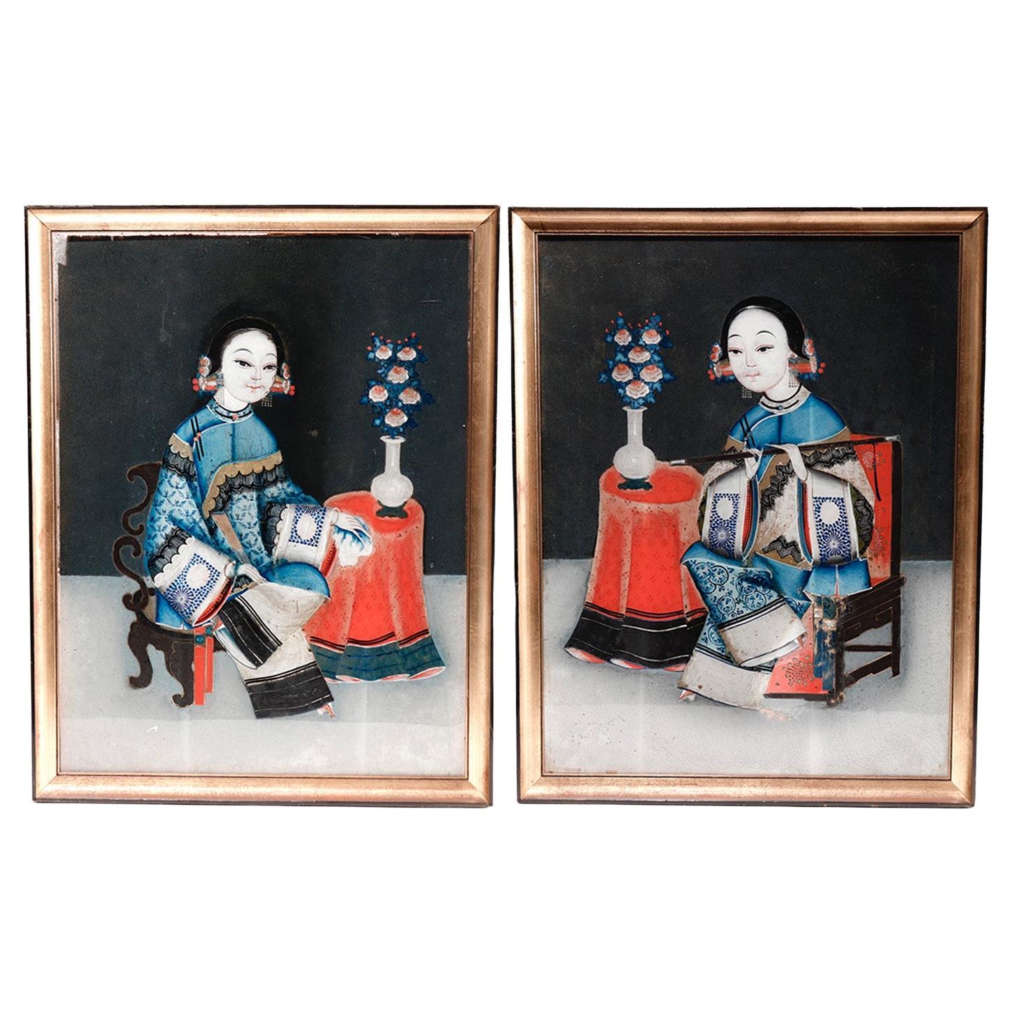 Paire de peintures chinoises anciennes en verre inversé en vente