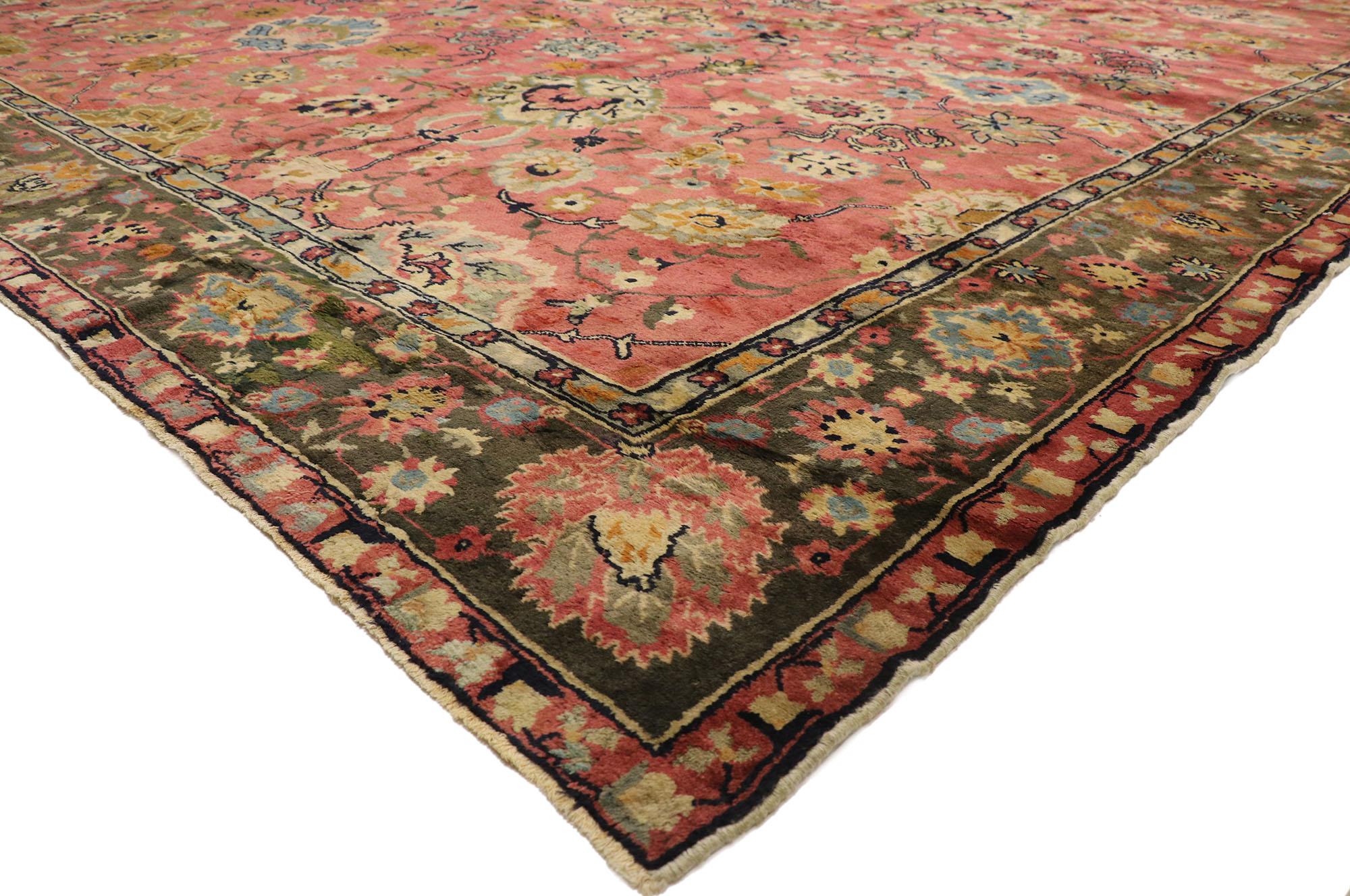 77435 antique Antique Chinese Palace rug with Persian Tabriz style. With timeless appeal, refined colors, and architectural design elements, this hand knotted wool antique Chinese Persian Tabriz style palace rug can beautifully blend contemporary