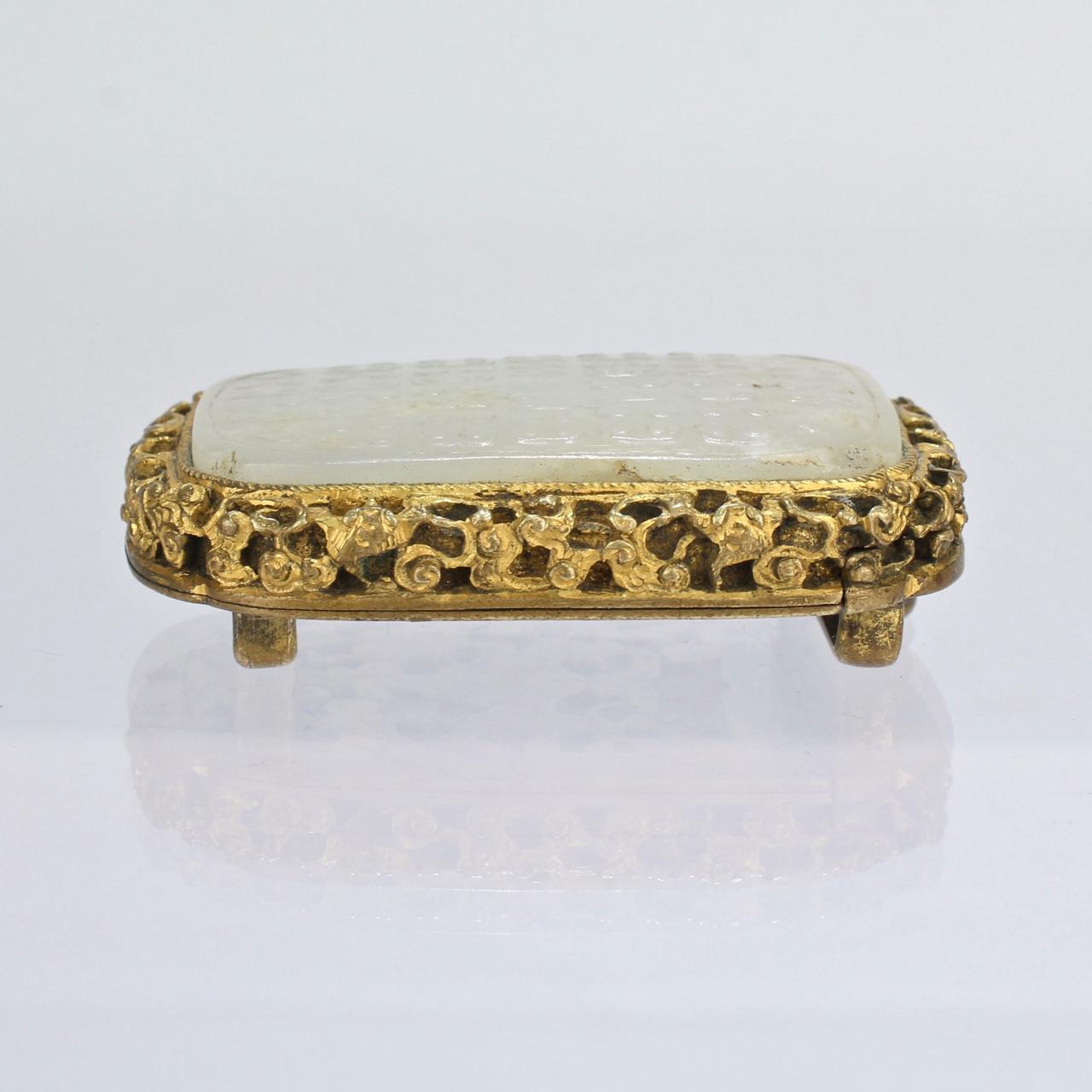Women's or Men's Antique Chinese Pale Celadon Jade Mounted Gilt Bronze Belt Buckle