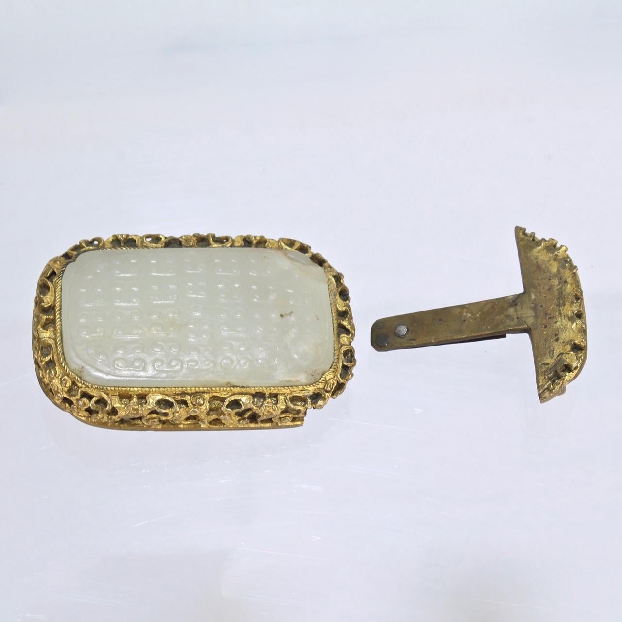 Antique Chinese Pale Celadon Jade Mounted Gilt Bronze Belt Buckle 2