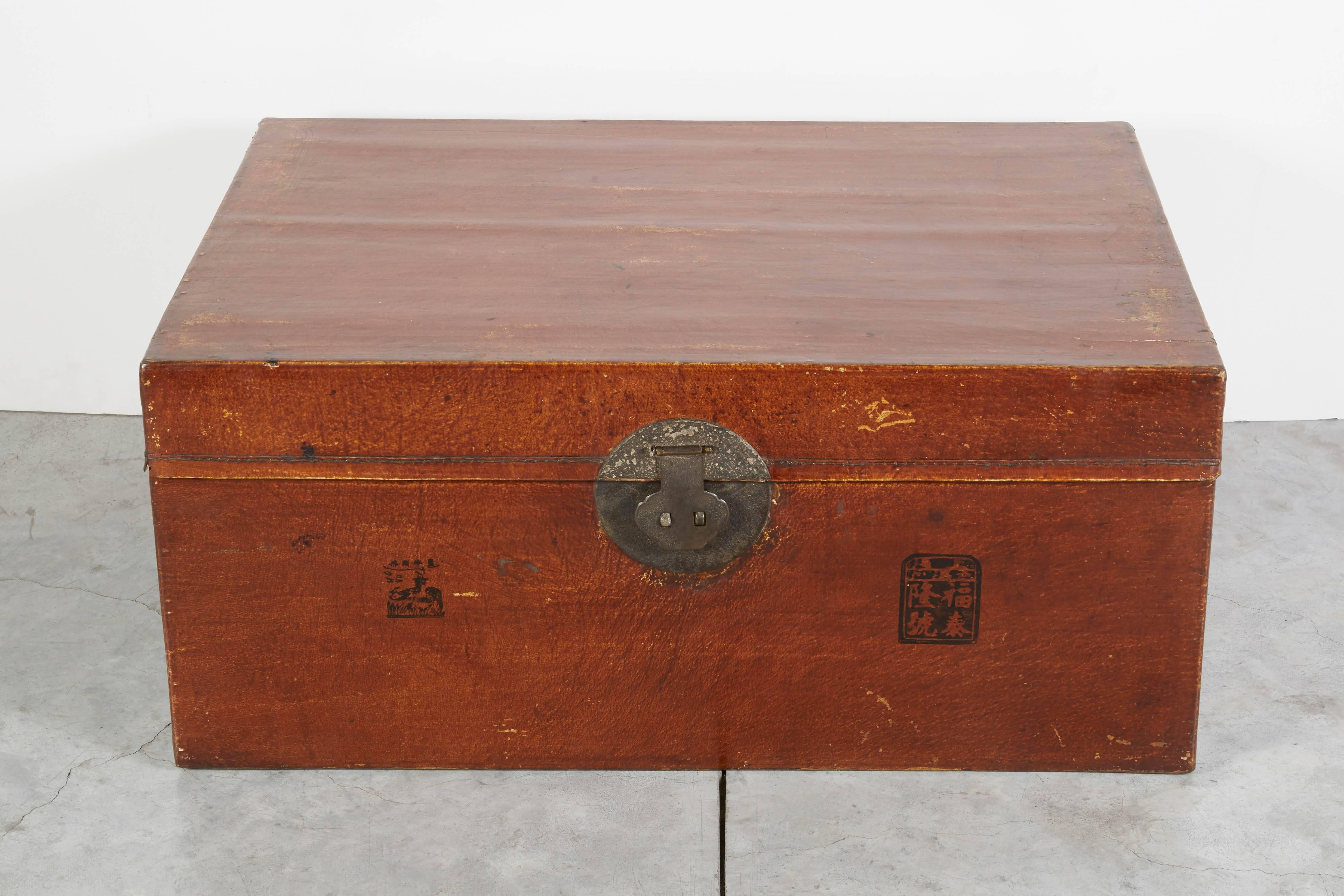 Antique Chinese Parchment Leather Trunk For Sale 2