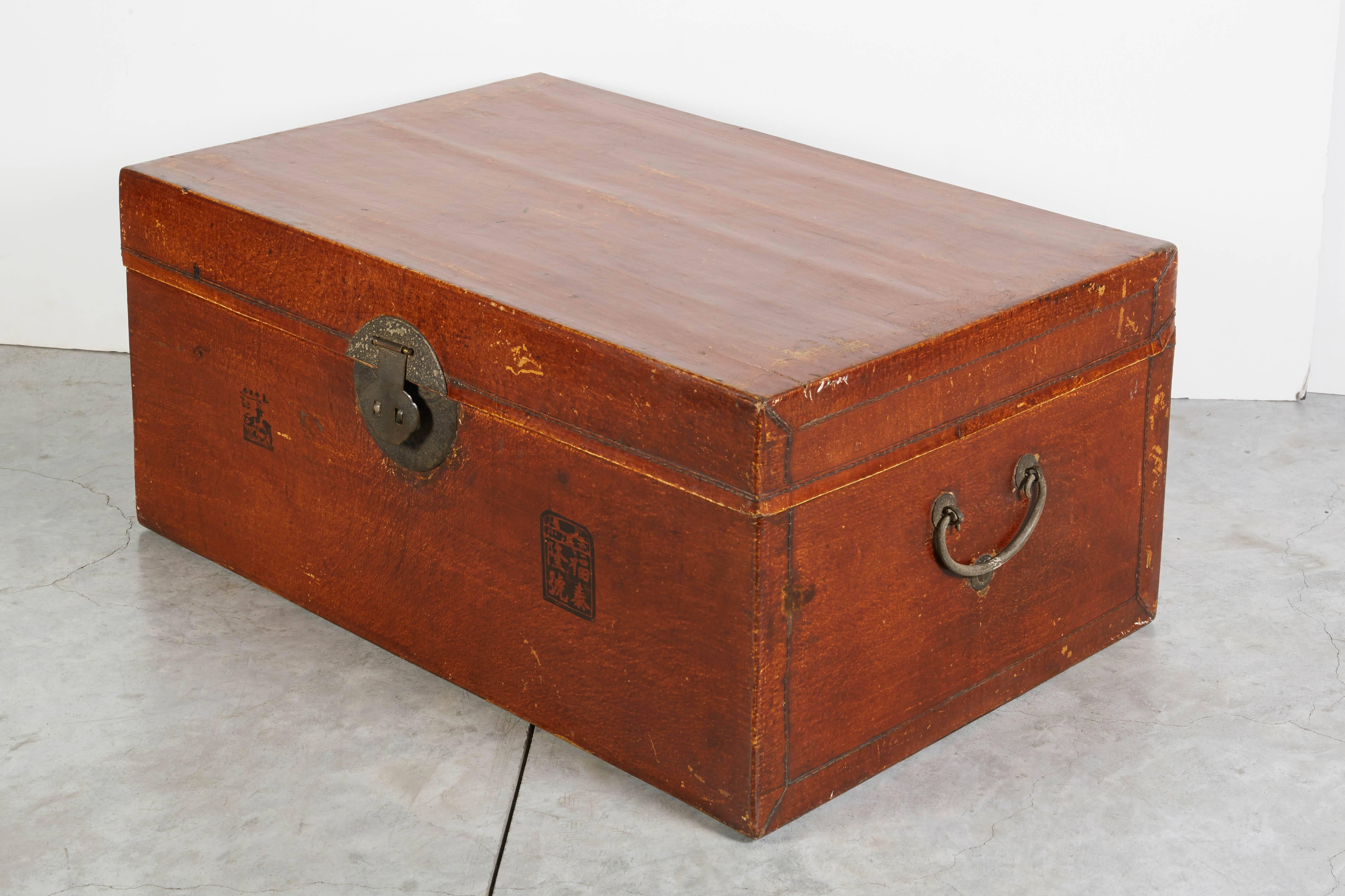 Antique Chinese Parchment Leather Trunk For Sale 4