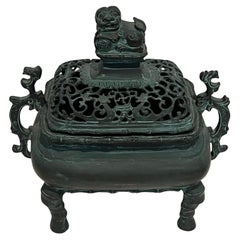 Antique Chinese Patinated Bronze Incense Burner Box wit Lion Lid
