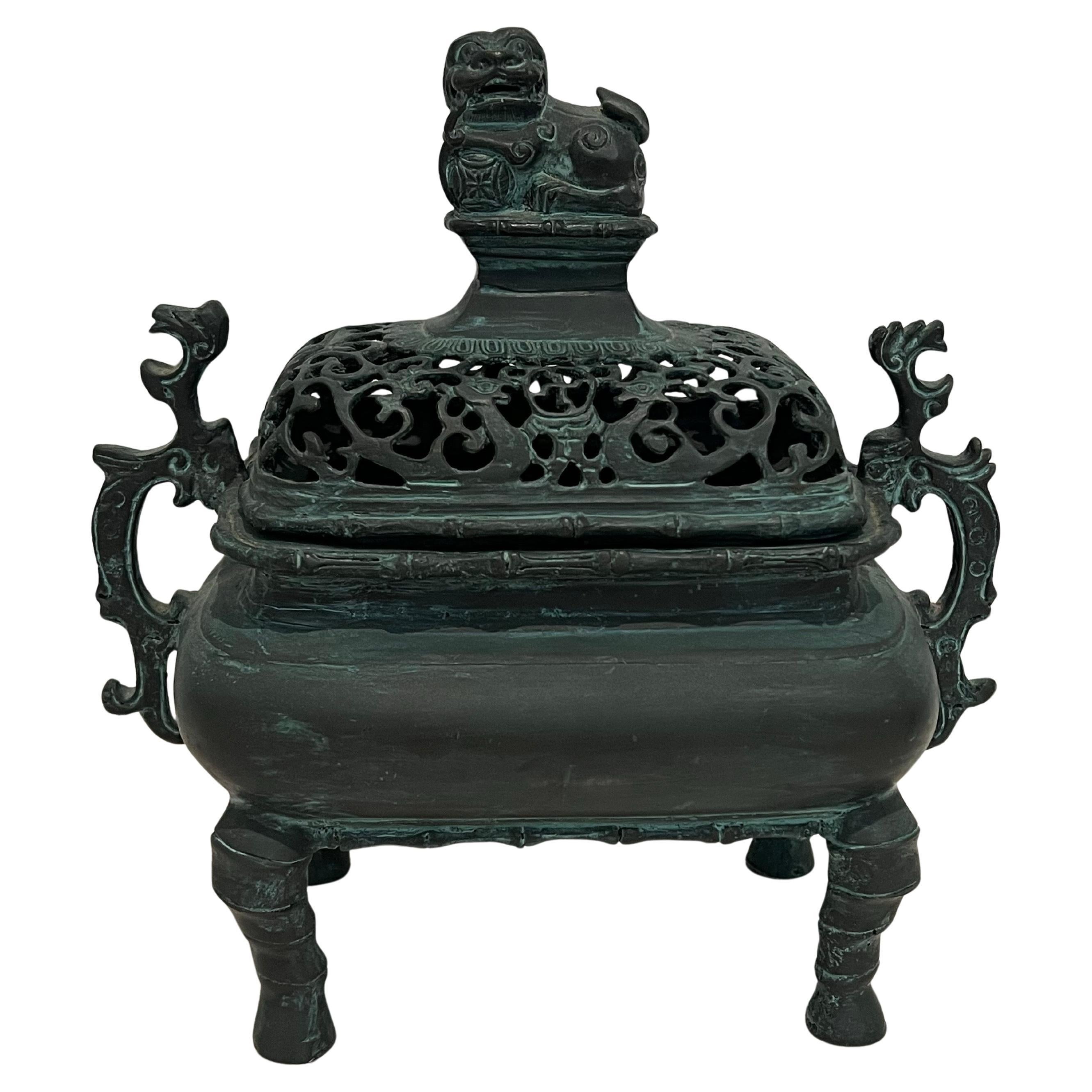 Antique Chinese Patinated Bronze Incense Burner Box wit Lion Lid