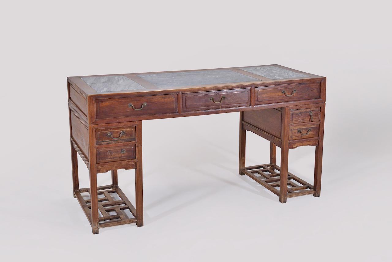 Lacquered Antique Chinese Pedestal Desk with Inlaid Marble; circa 1850 'Late Qing Dynasty' For Sale
