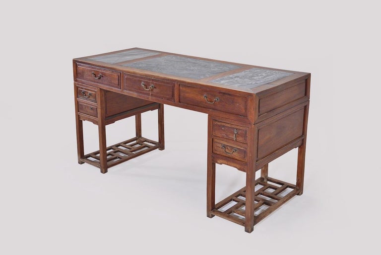 Antique Chinese Pedestal Desk with Inlaid Marble; circa 1850 'Late Qing Dynasty' In Good Condition For Sale In Bangkok, TH