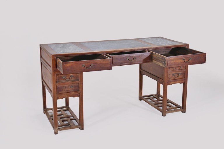 Mid-19th Century Antique Chinese Pedestal Desk with Inlaid Marble; circa 1850 'Late Qing Dynasty' For Sale