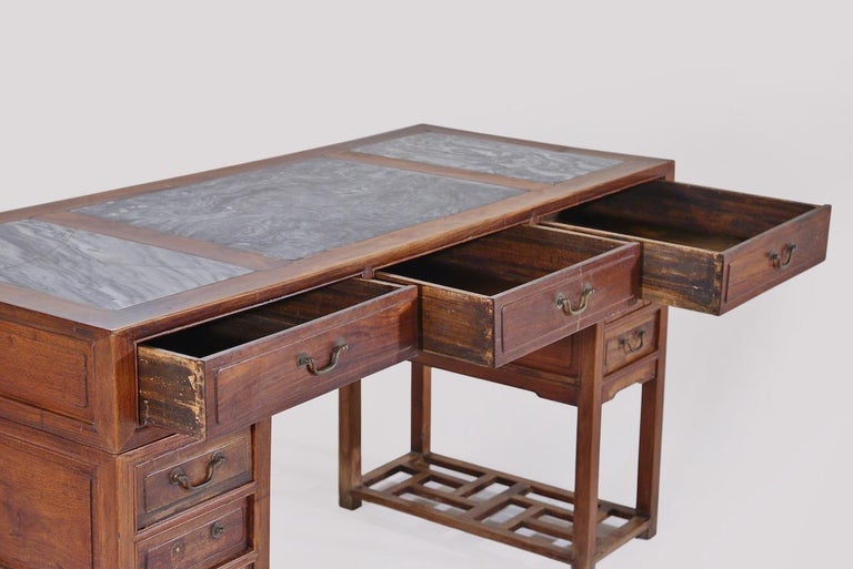 Hardwood Antique Chinese Pedestal Desk with Inlaid Marble; circa 1850 'Late Qing Dynasty' For Sale