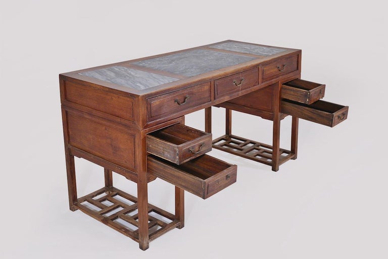 Antique Chinese Pedestal Desk with Inlaid Marble; circa 1850 'Late Qing Dynasty' For Sale 1