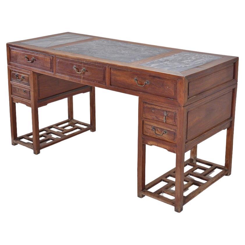 Antique Chinese Pedestal Desk with Inlaid Marble; circa 1850 'Late Qing Dynasty'