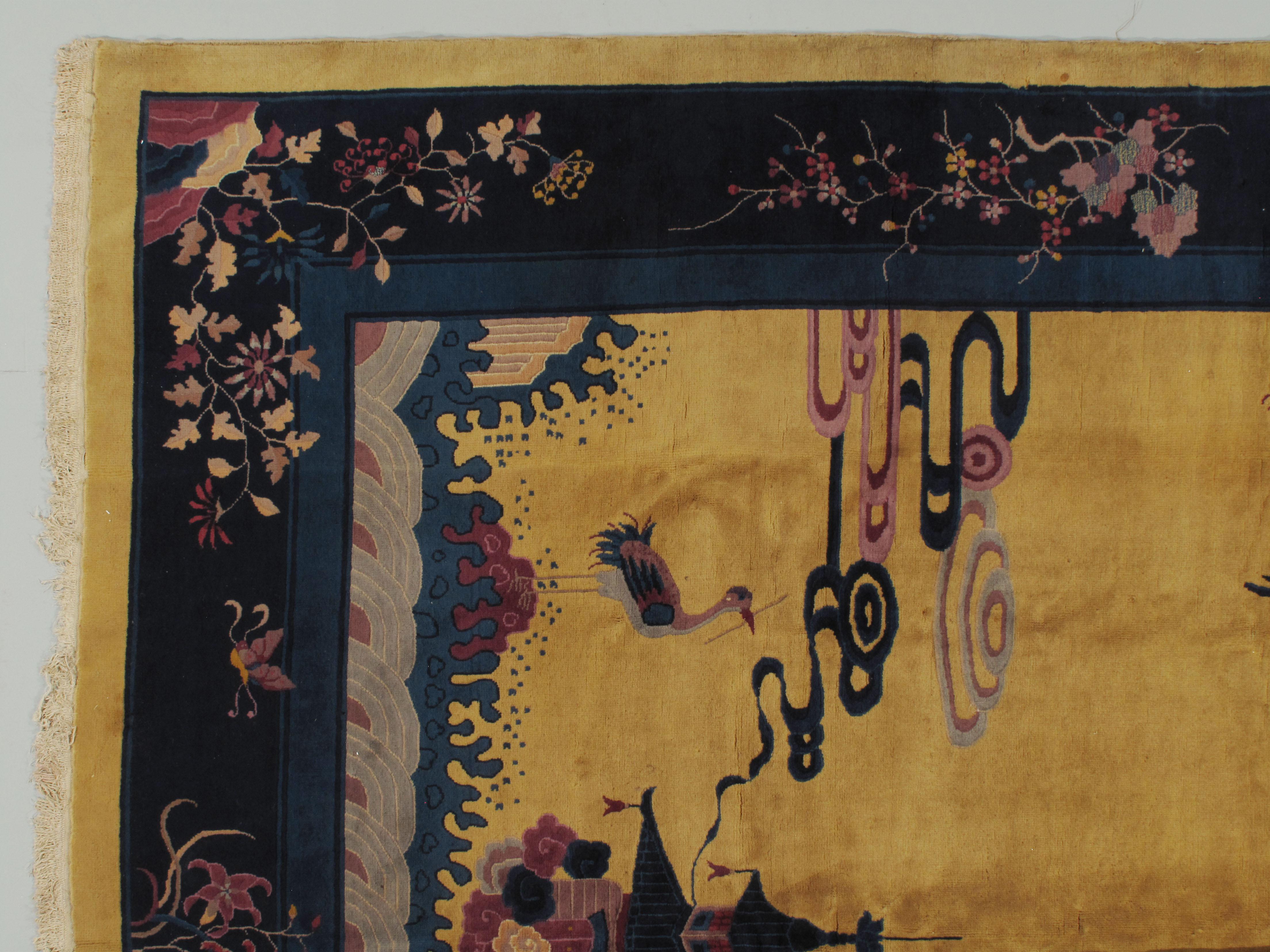 Chinoiserie Antique Chinese Peeking Rug, circa 1910 9'2 x 11'7 For Sale